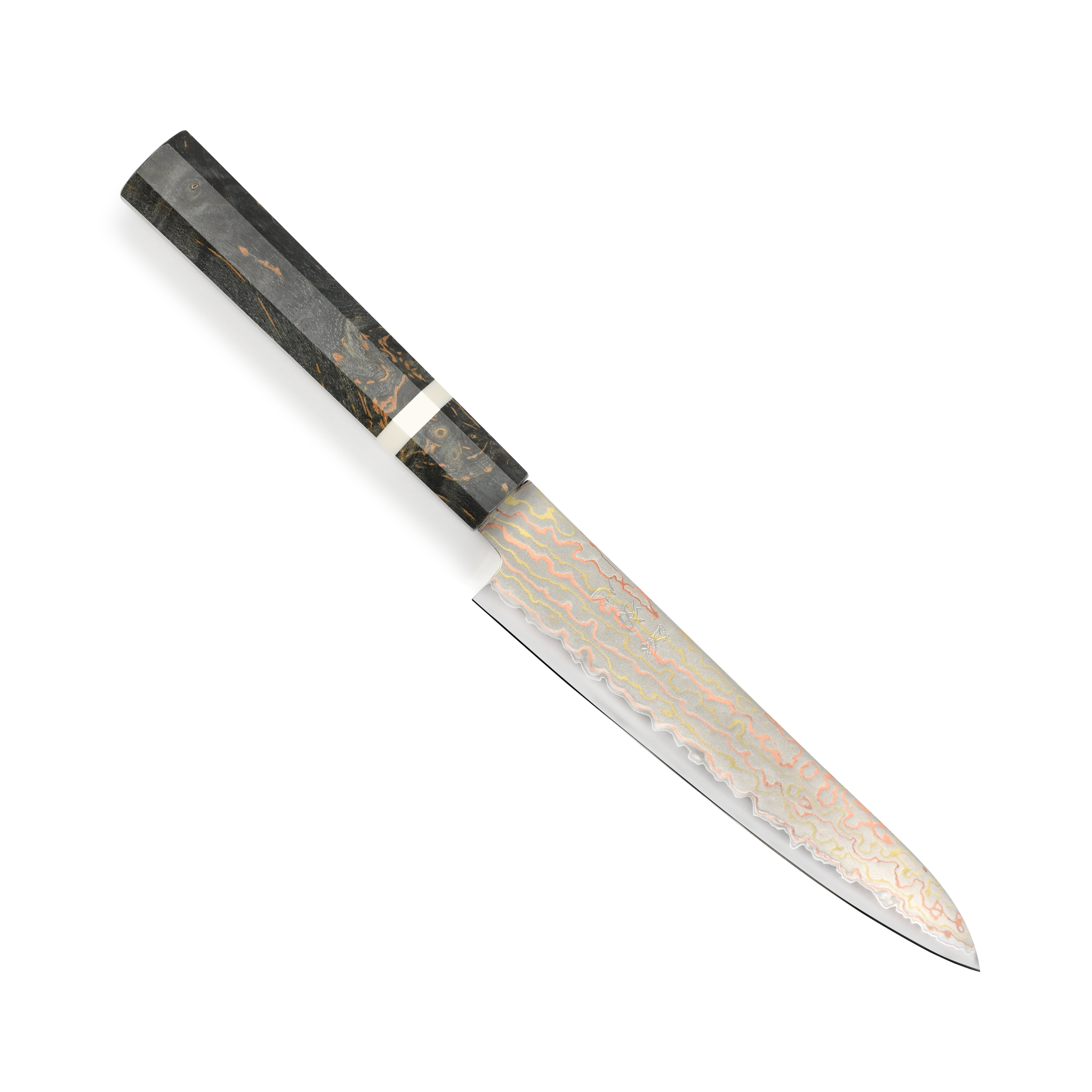 Close-up of the Hatsukokoro Hayabusa Aogami Rainbow Damascus Chef Knife highlighting its blade and handle.