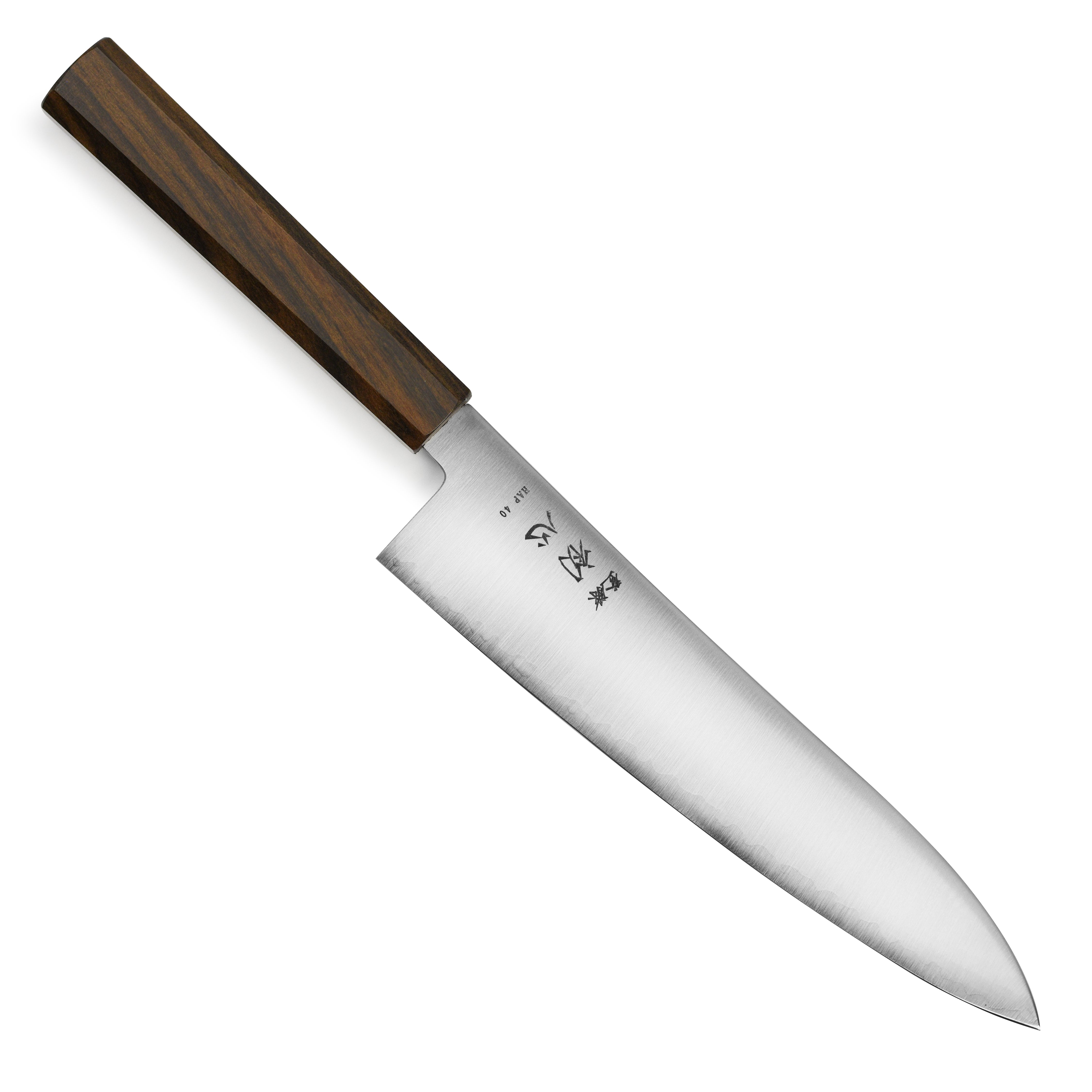 Close-up of the sharp edge of the HAP40 Gyuto knife, perfect for home cooks.