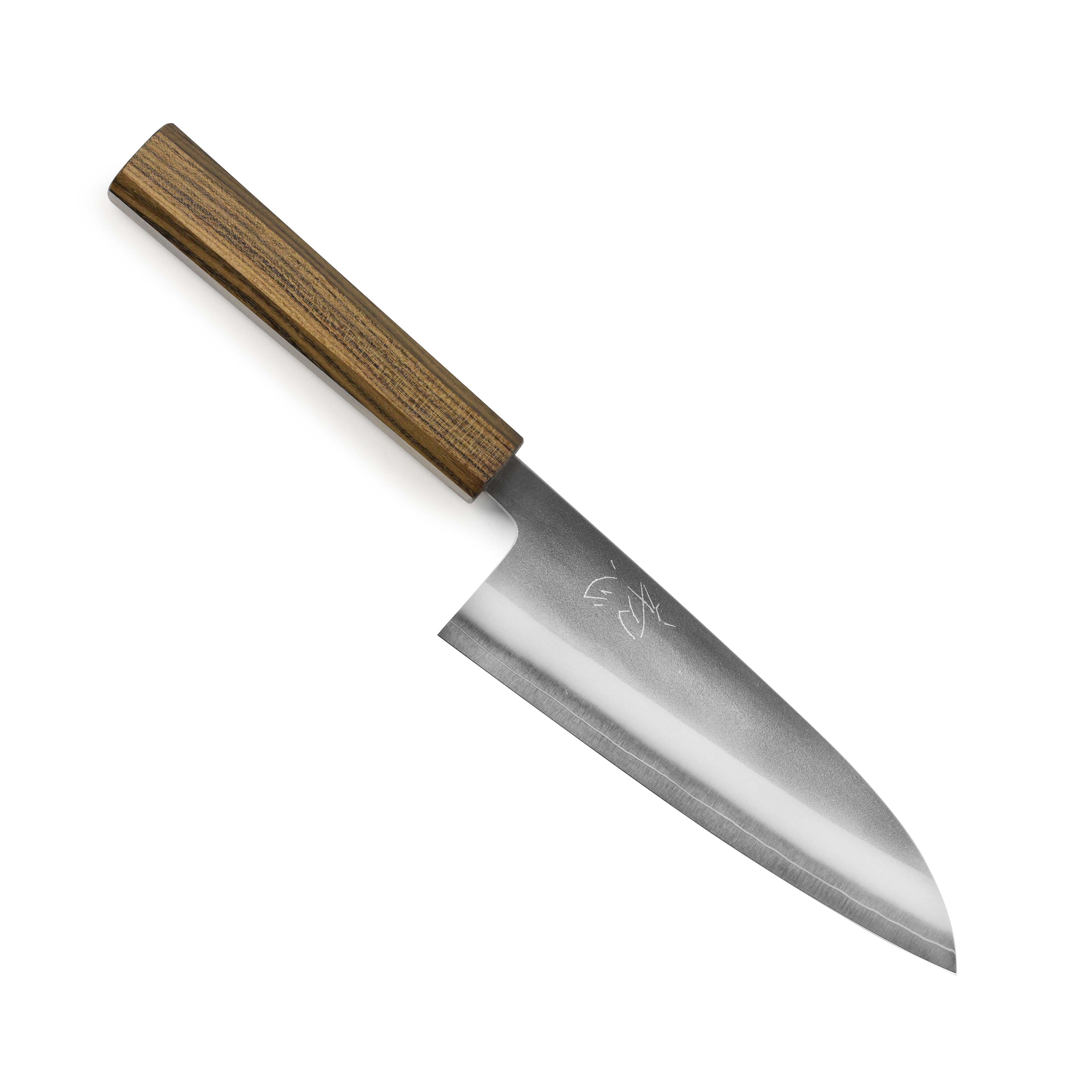 Close-up of the Yoshikane Nashiji 6.5-inch Santoku knifes blade showing its sharp edge.