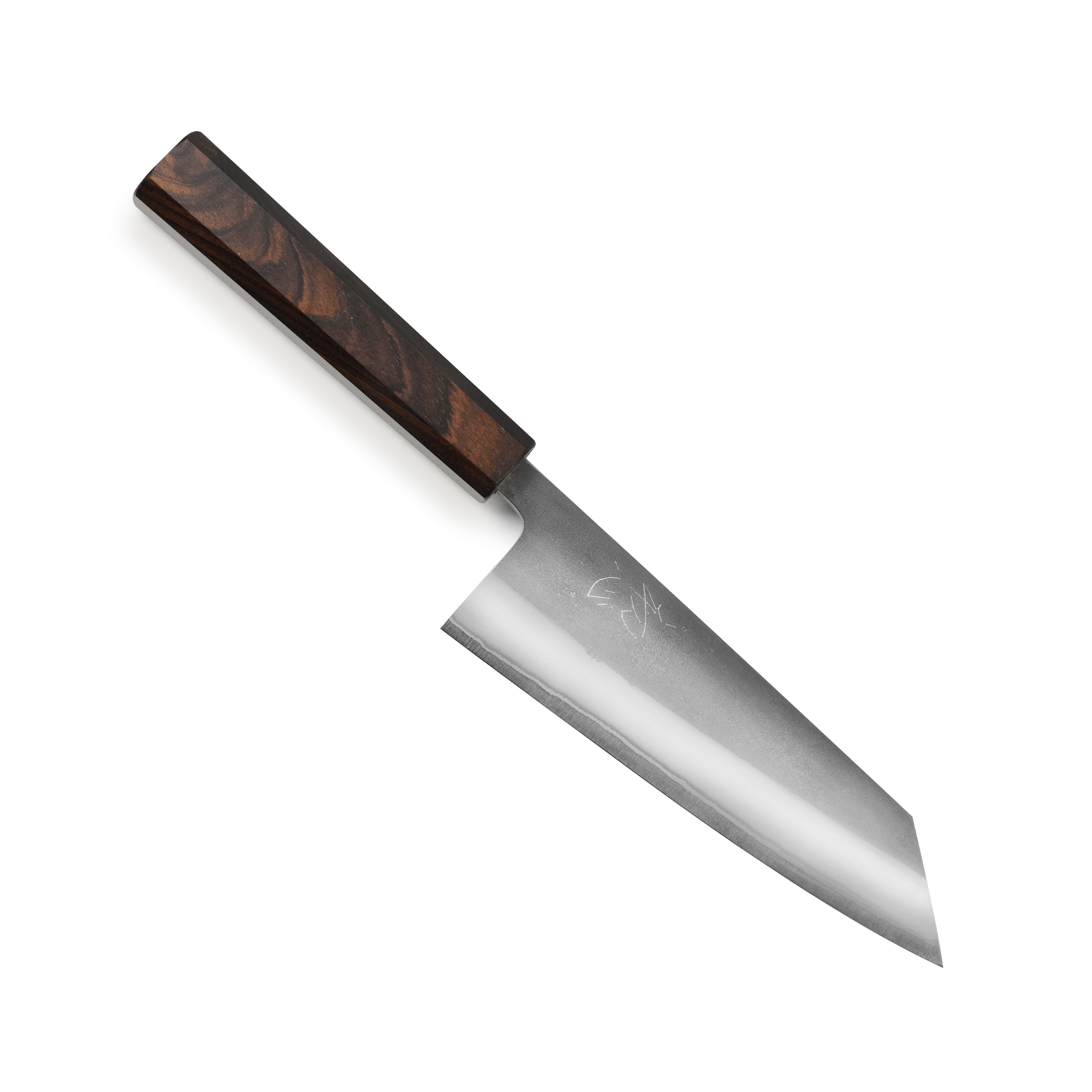 Yoshikane Bunka Knife from a top angle highlighting the blades sharpness.