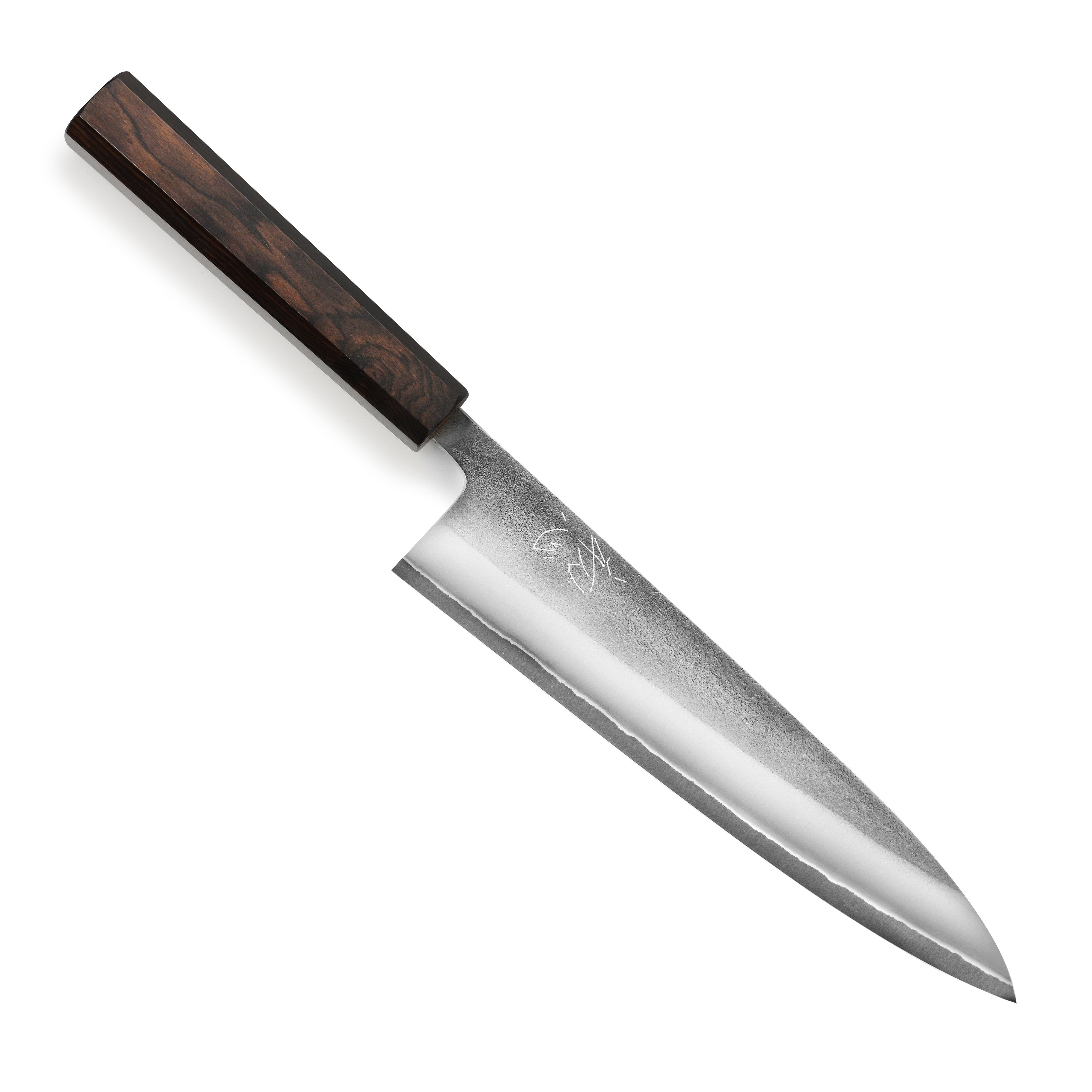 Yoshikane Shirogami #2 Nashiji Gyuto knife with ebony handle on a wooden cutting board