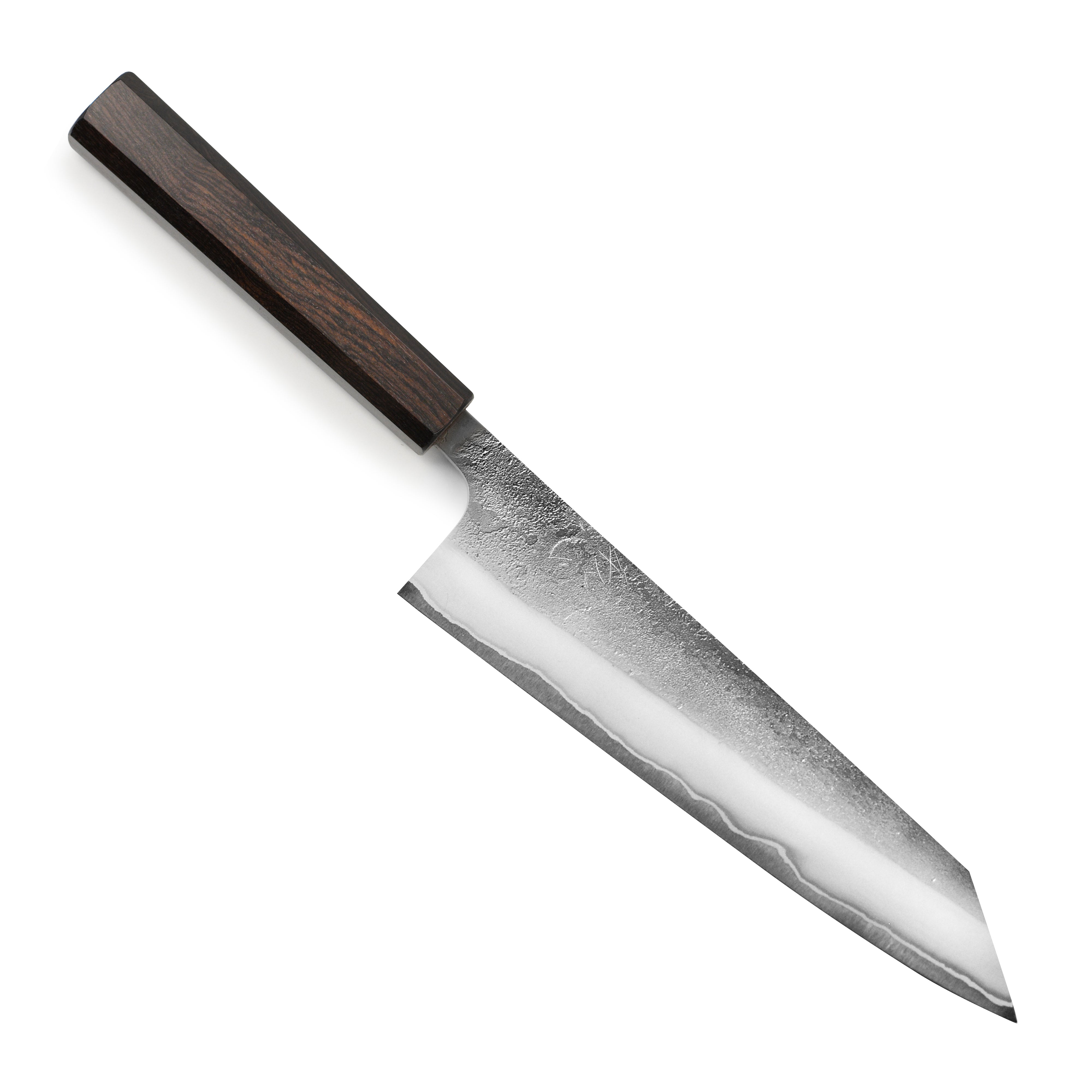 Close-up view of the Yoshikane Shirogami Kiritsuke knife showcasing the sharp, hand-forged blade.
