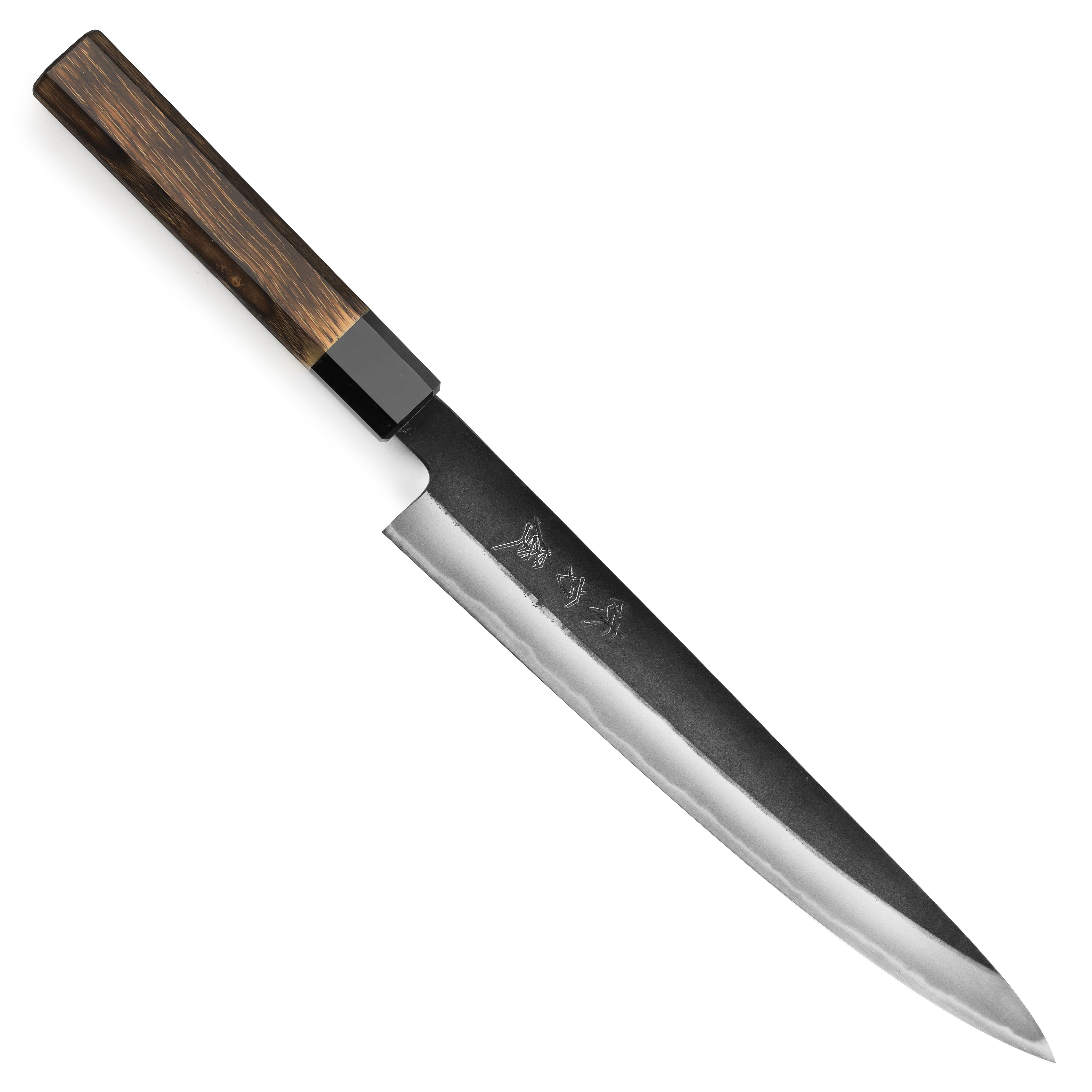 Hinoura Shirogami Sujihiki Knife showcasing sharp blade and elegant design.
