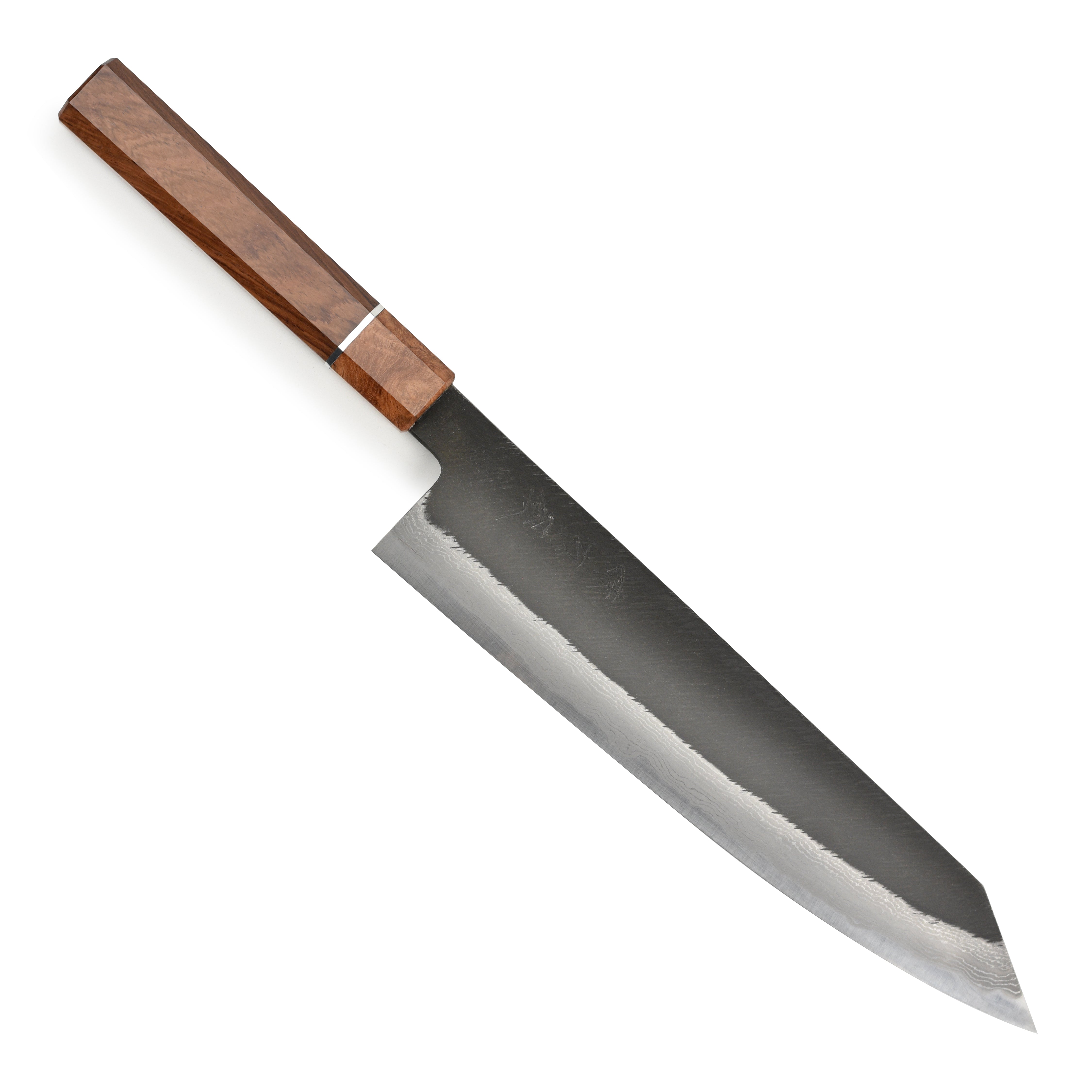 Close-up of the Damascus steel pattern on the blade of the premium kiritsuke knife, emphasizing its craftsmanship.