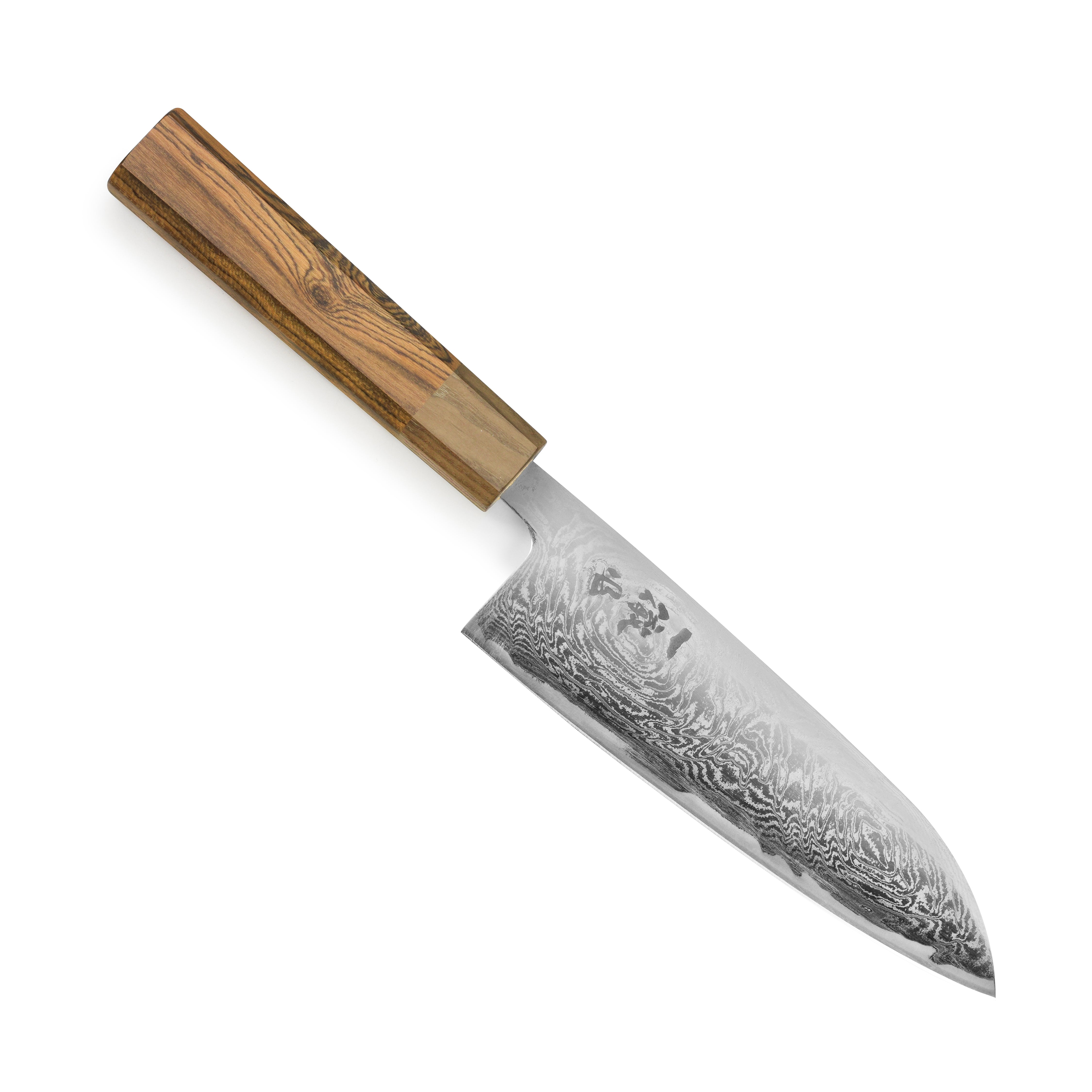 Ittetsu AUS10 Spiral Damascus Santoku Knife on a wooden cutting board, showcasing its sharp blade and ergonomic handle.