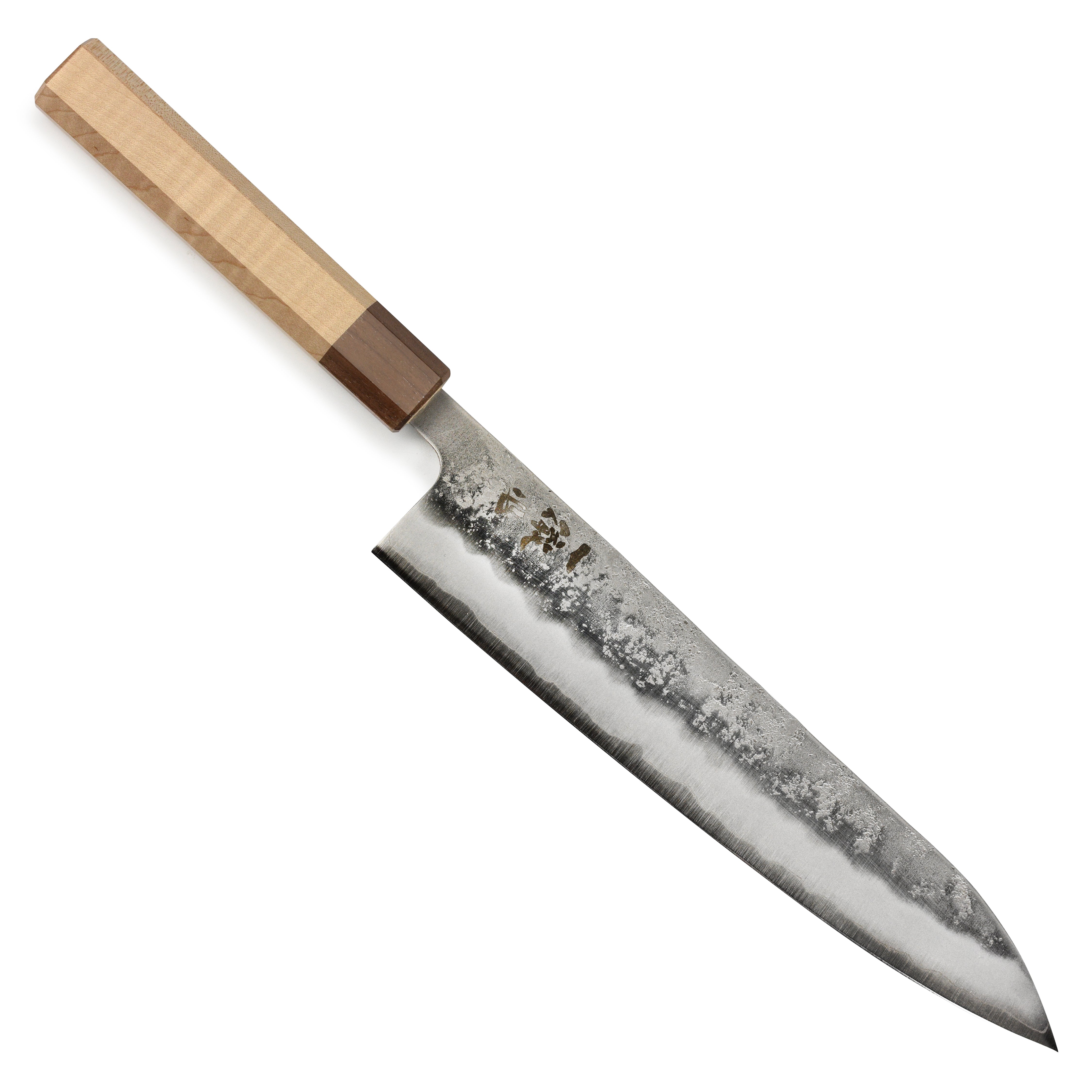 Ittetsu Ginsan Nashiji Gyuto knife angled view highlighting the blades sharpness.