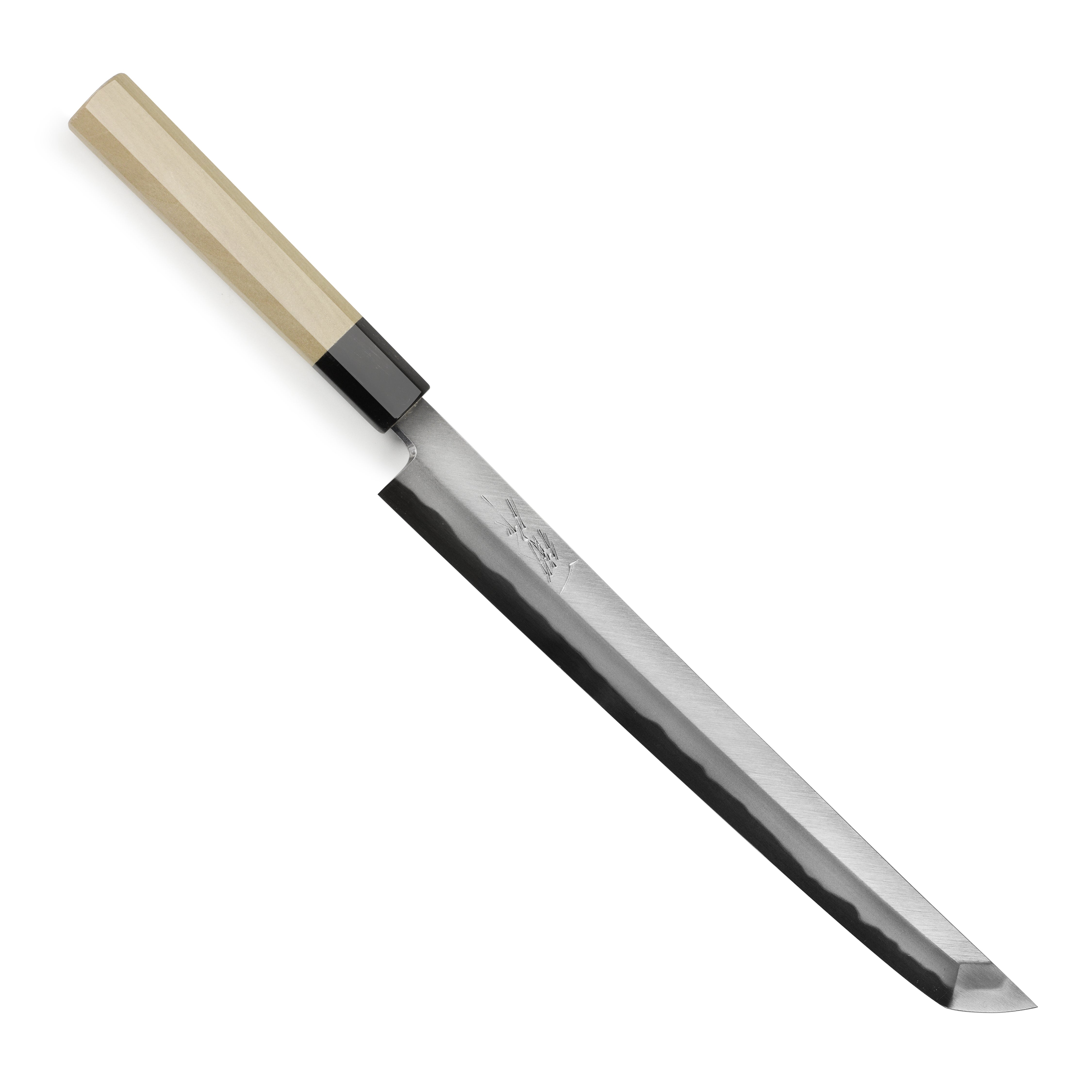Chef using the Tanaka Shirogami #2 knife to prepare fresh sashimi, highlighting its ergonomic handle.
