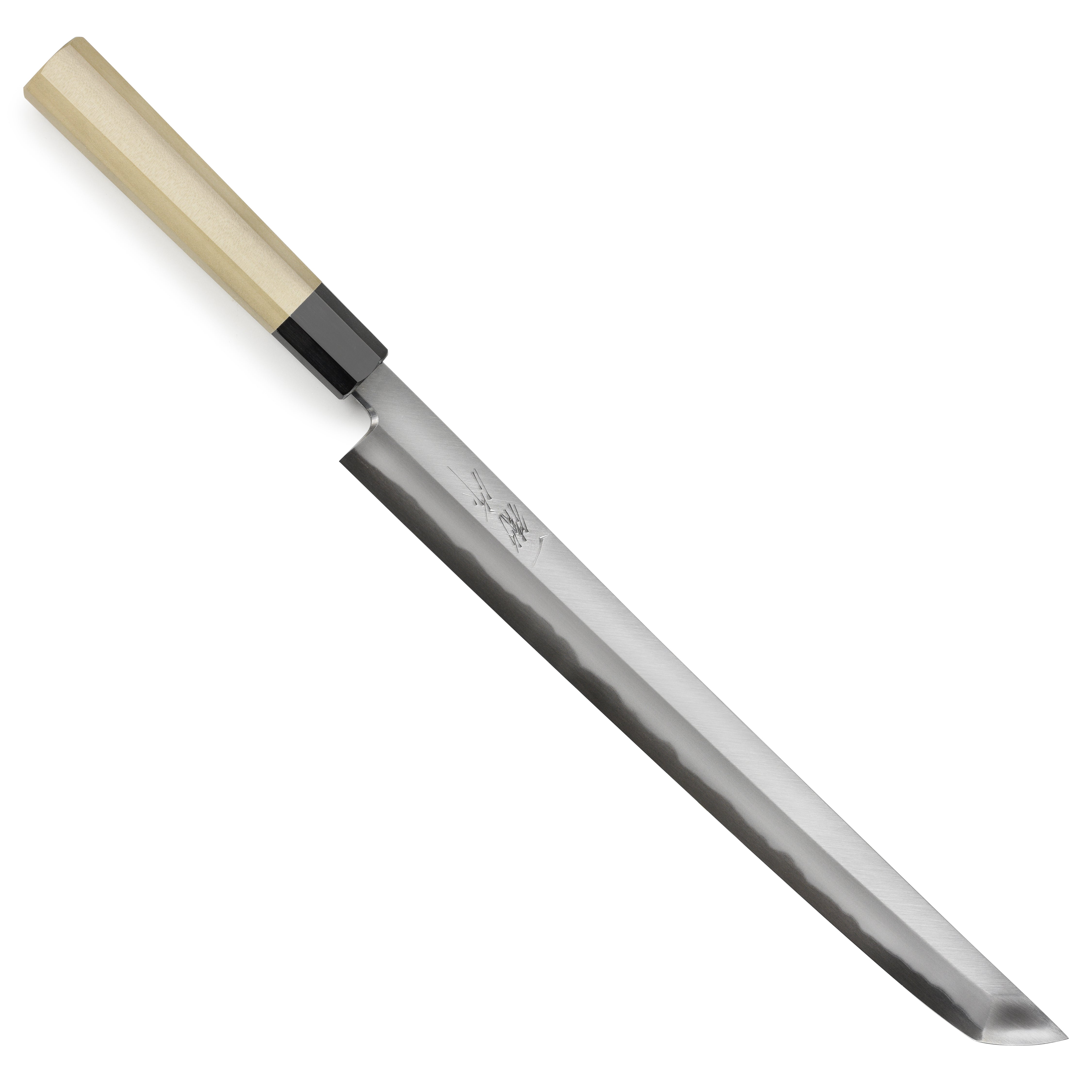 Affordable Takohiki knife with saya resting on a wooden cutting board, ideal for professional chefs.