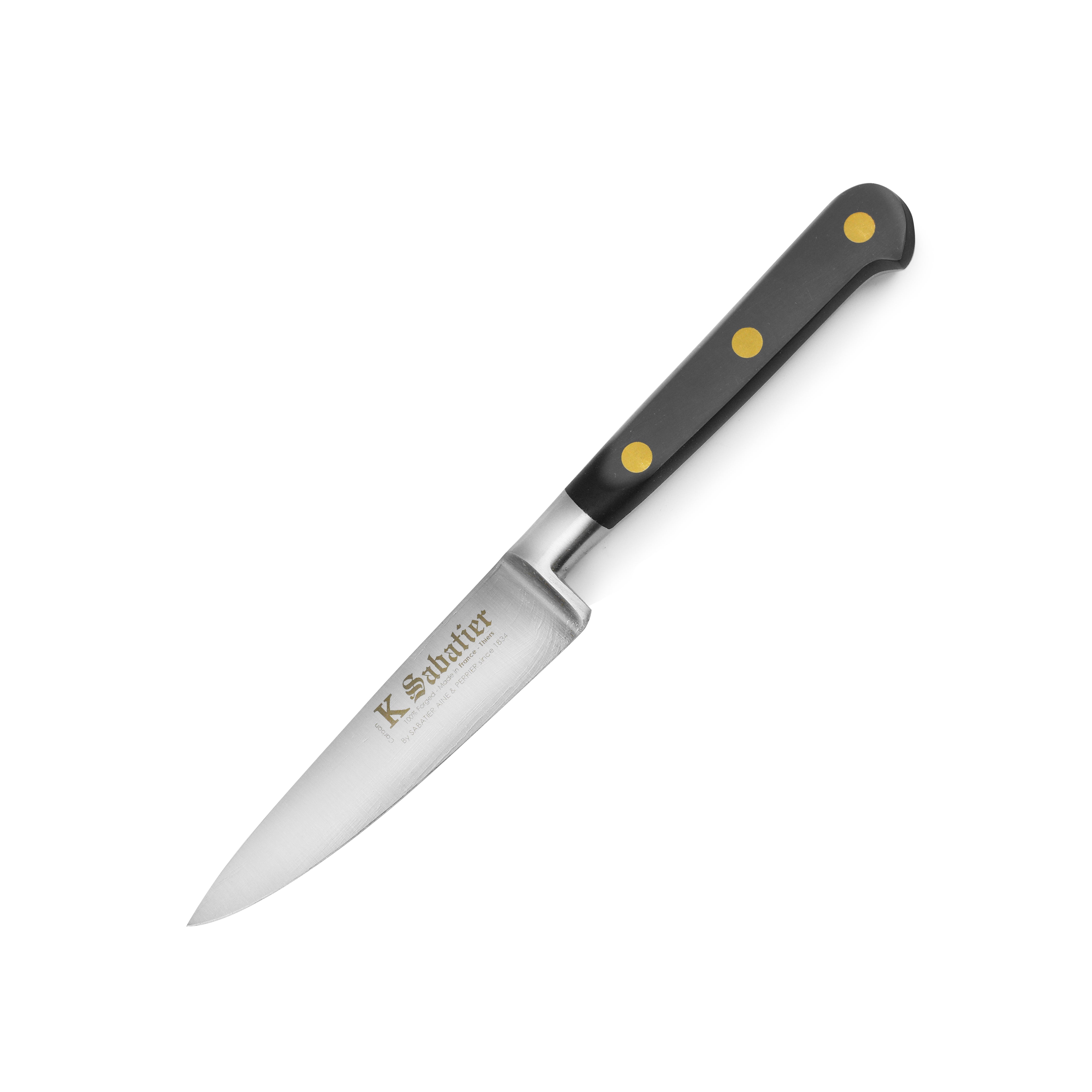 Sabatier Au Carbone 4-inch French paring knife blade close-up showing carbon steel craftsmanship