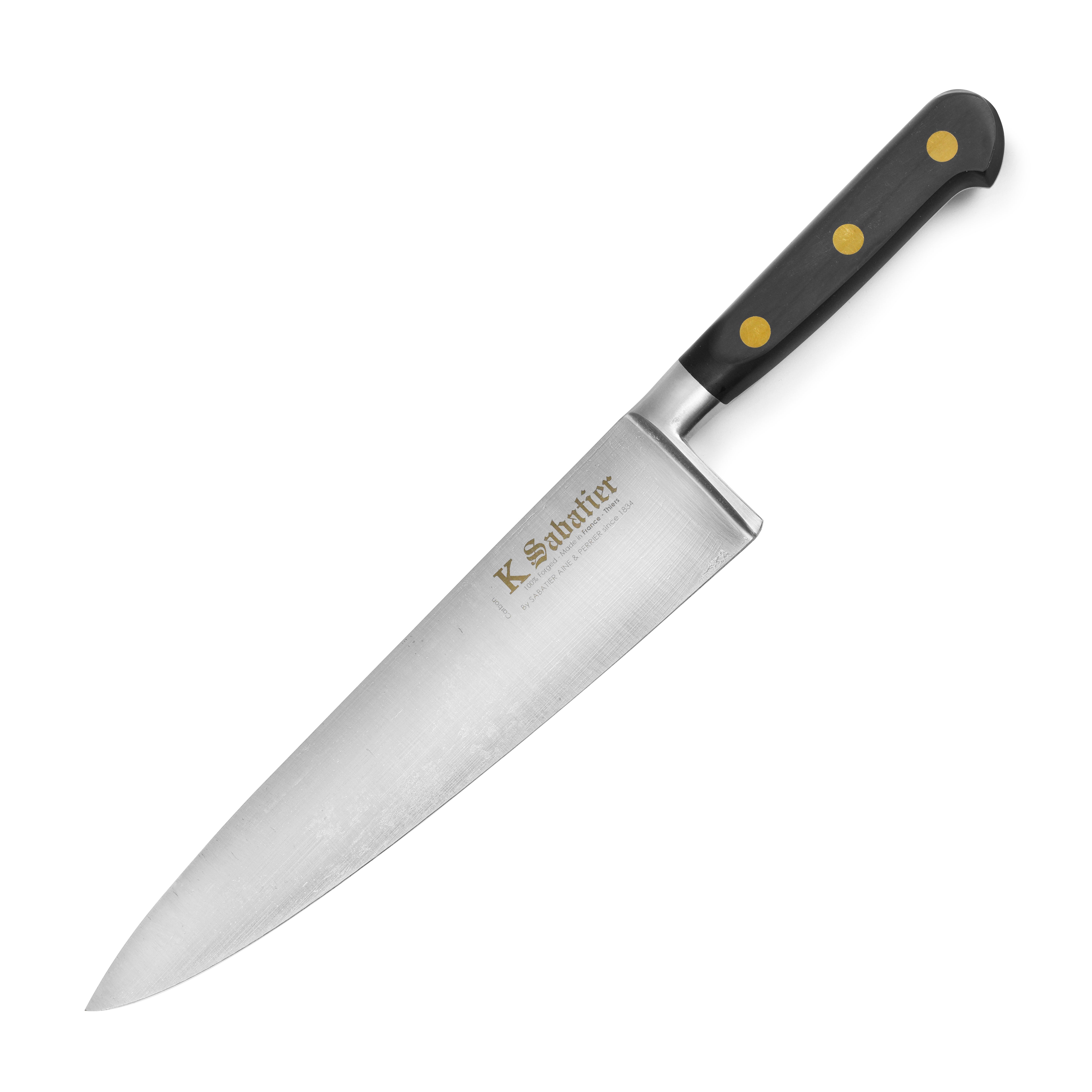 Close-up of K Sabatier 9 inch chefs knife with carbon steel blade and brass rivets