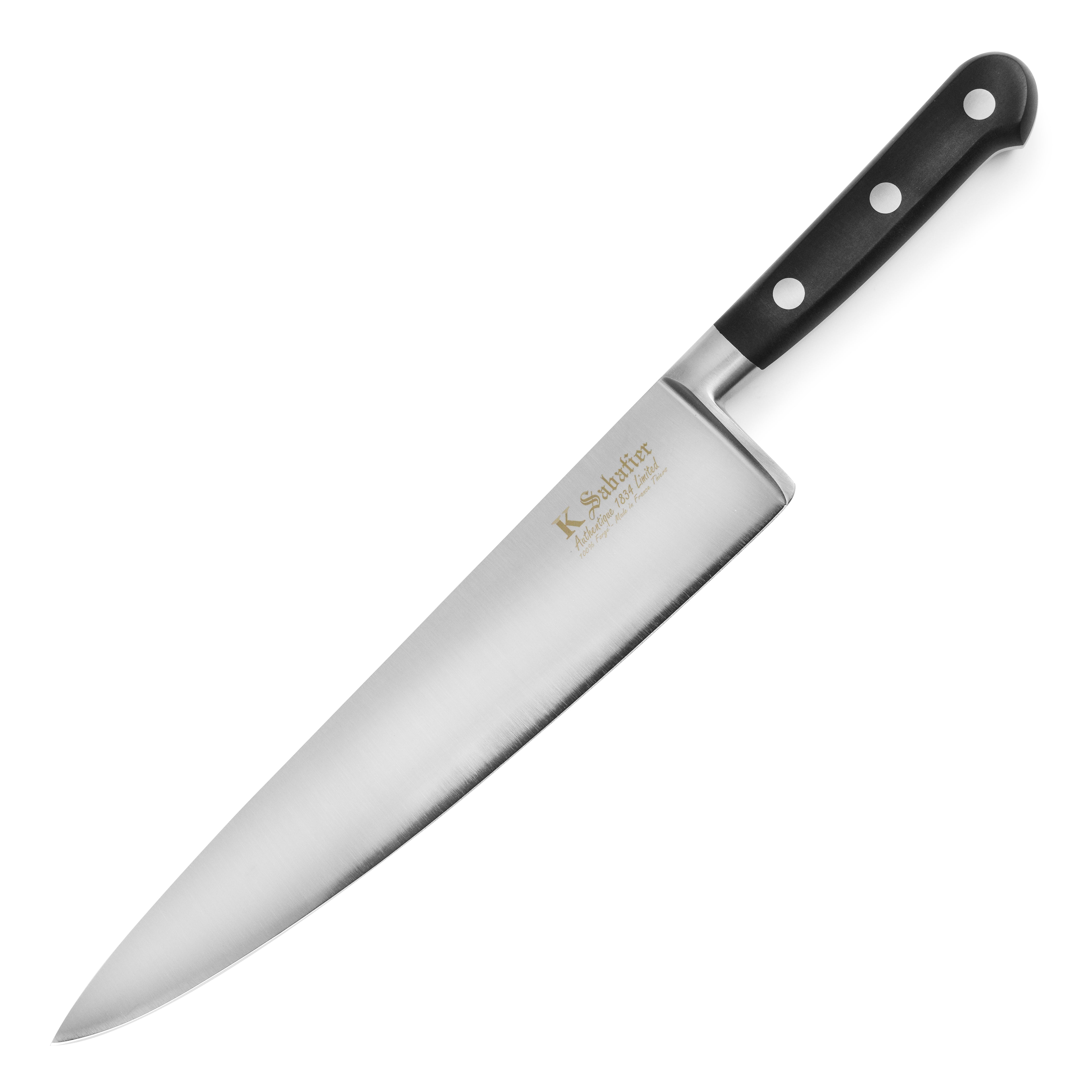 Overhead view of premium handcrafted chefs knife with brown leather sheath beside fresh ingredients