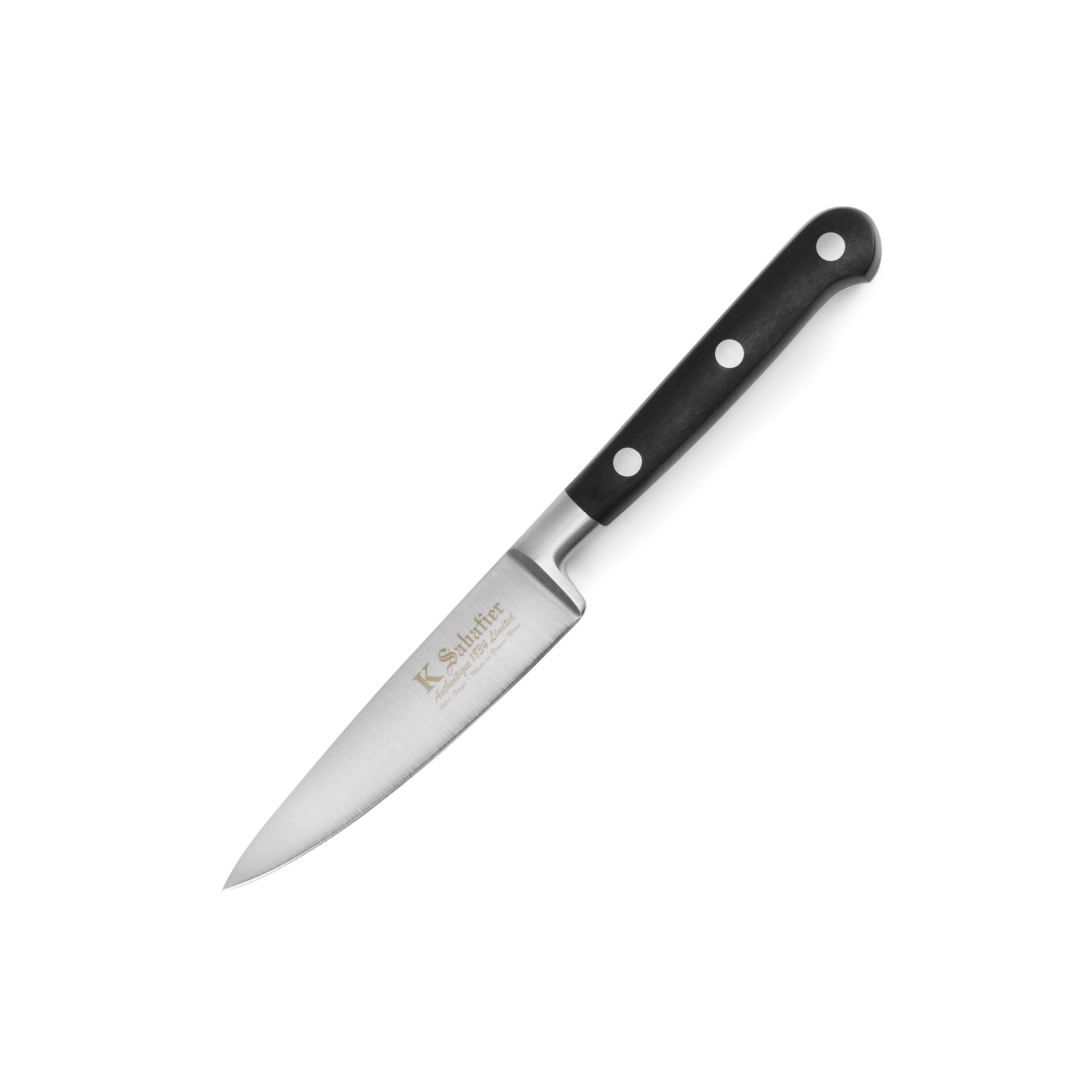 Close-up of K Sabatier 4" paring knife showcasing the Z50C13 stainless steel blade and bolster design.