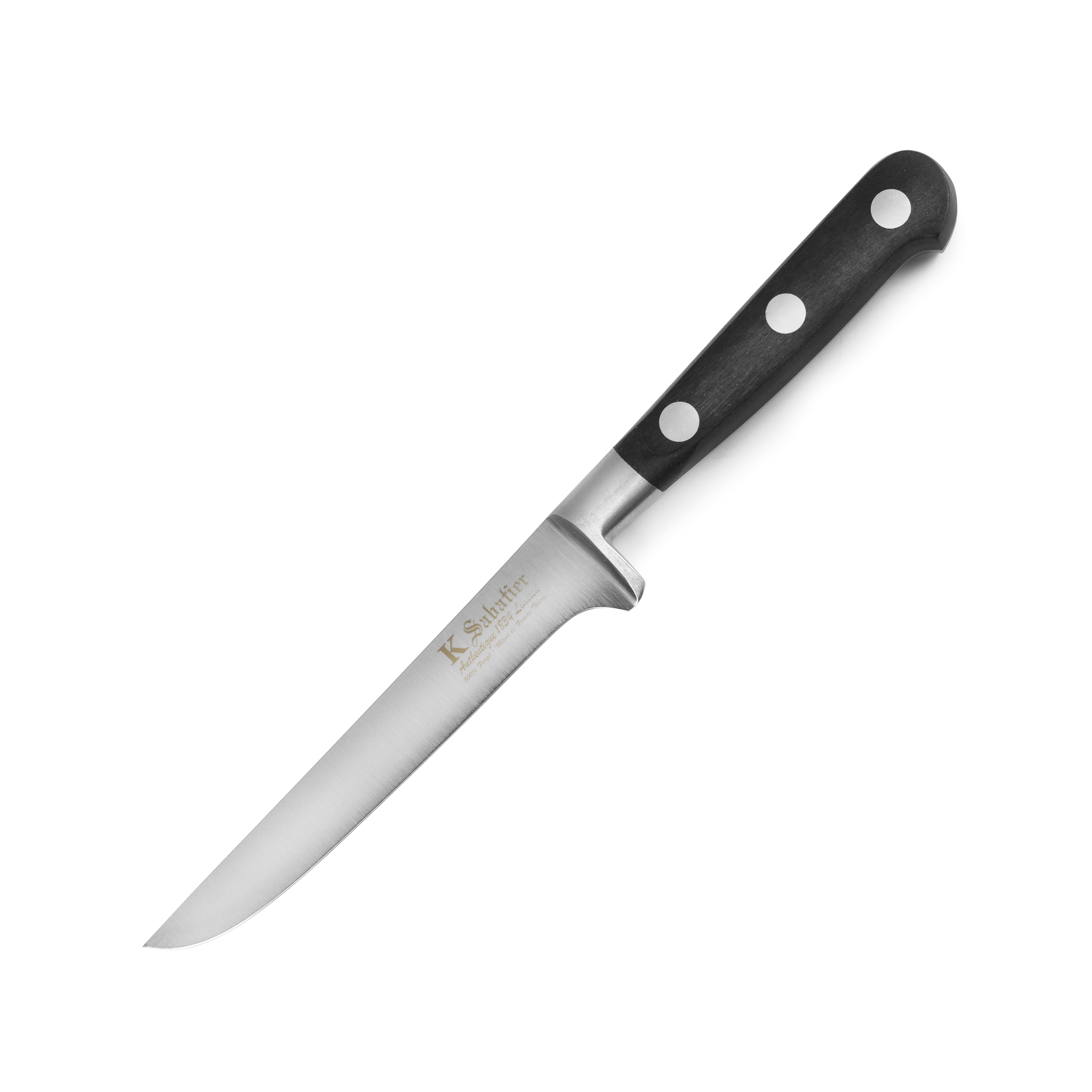 Close-up of the K Sabatier boning knife blade showing polished stainless steel and full-tang design