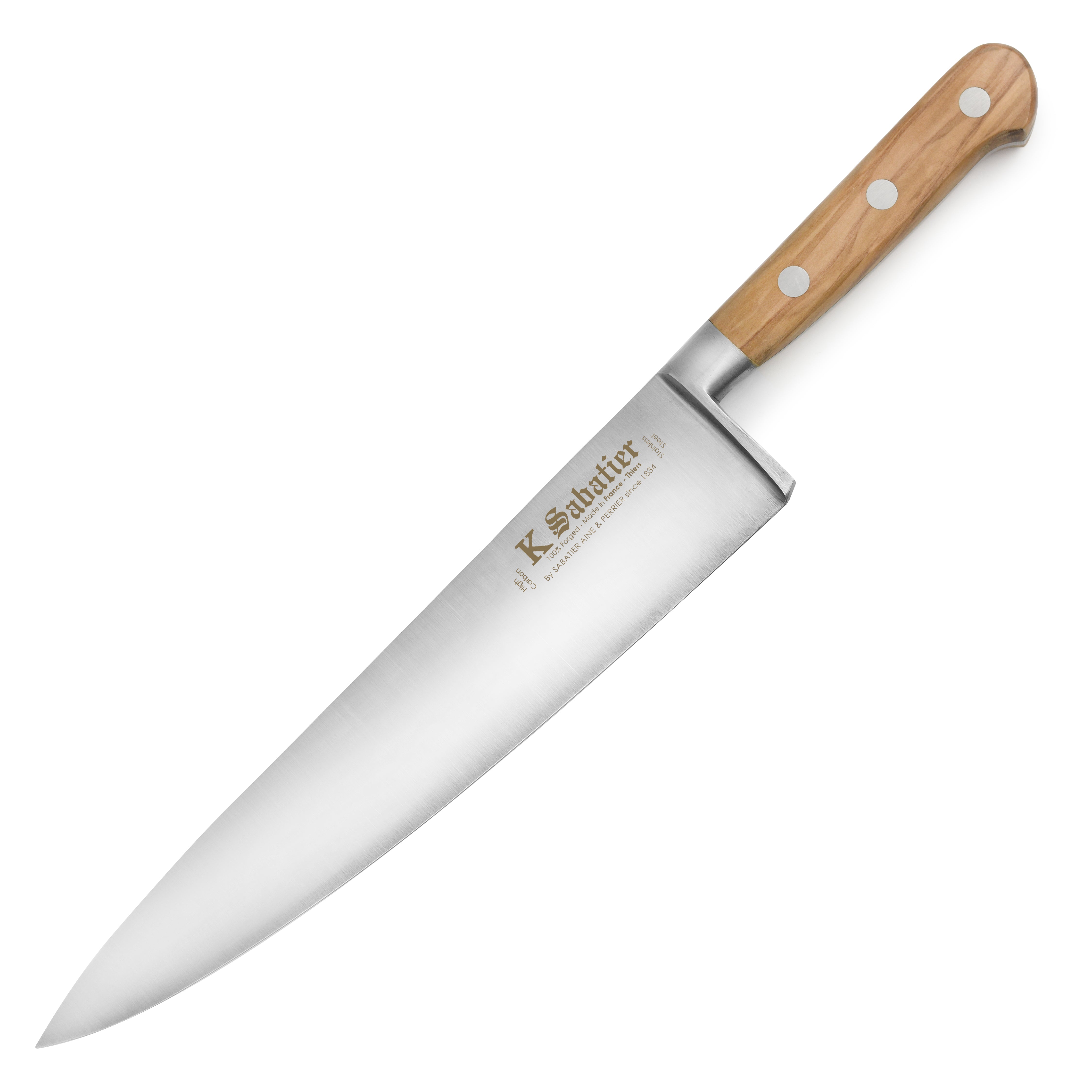 Overhead view of Sabatier olive wood chefs knife on rustic cutting board