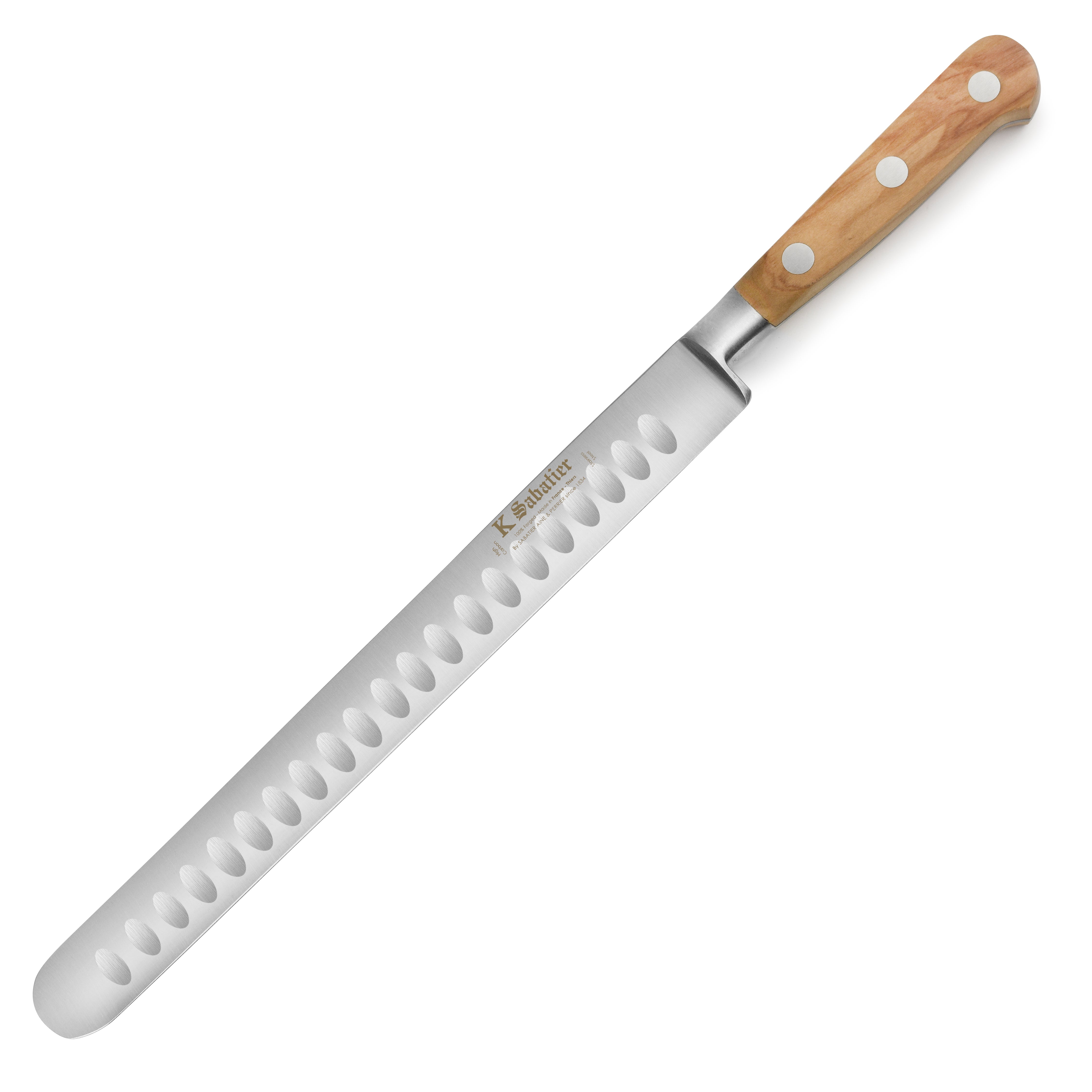 K Sabatier olive wood slicing knife from the side, highlighting the elegant handle and blade.
