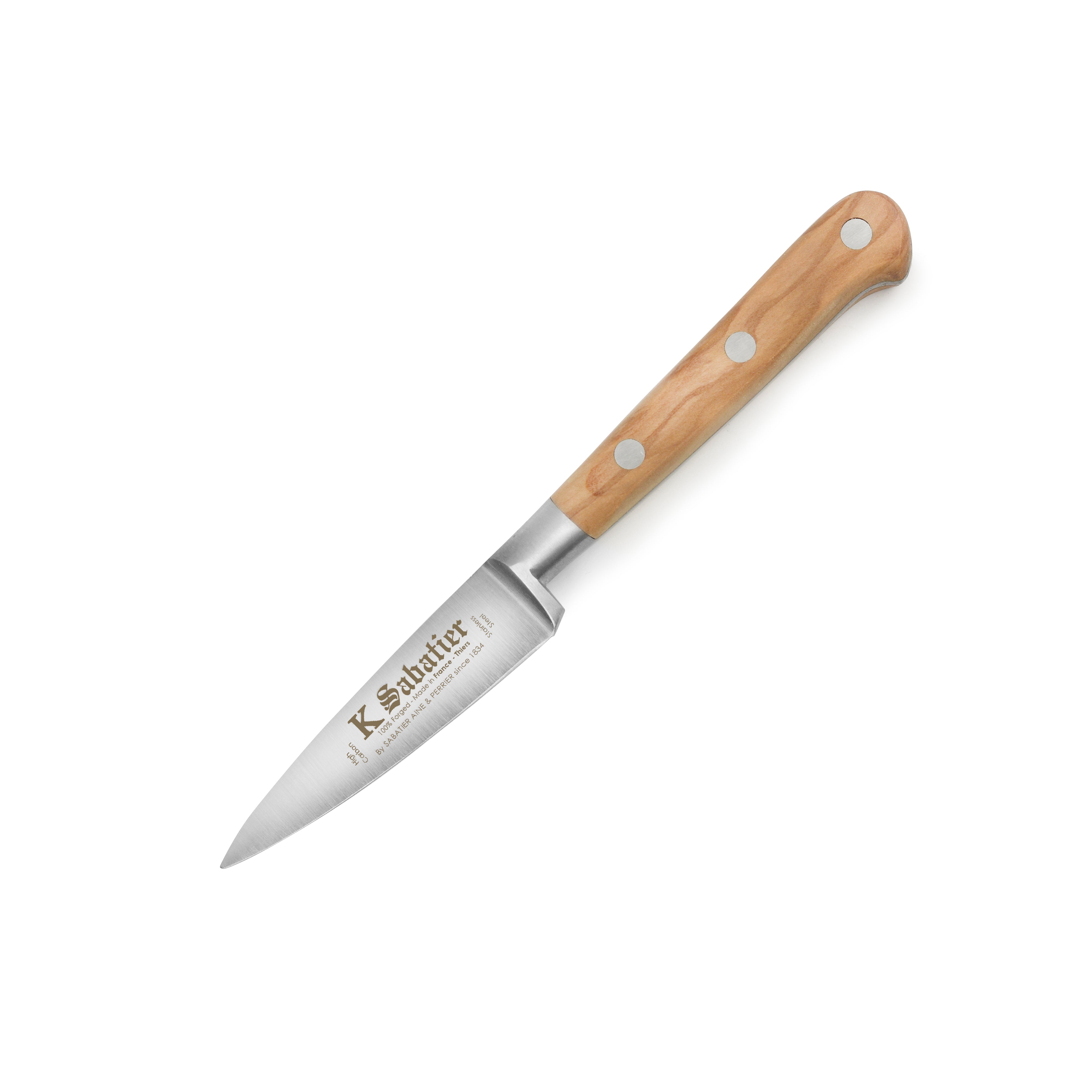 K Sabatier Olive Wood Paring Knife showcasing its sleek design and olive wood handle.