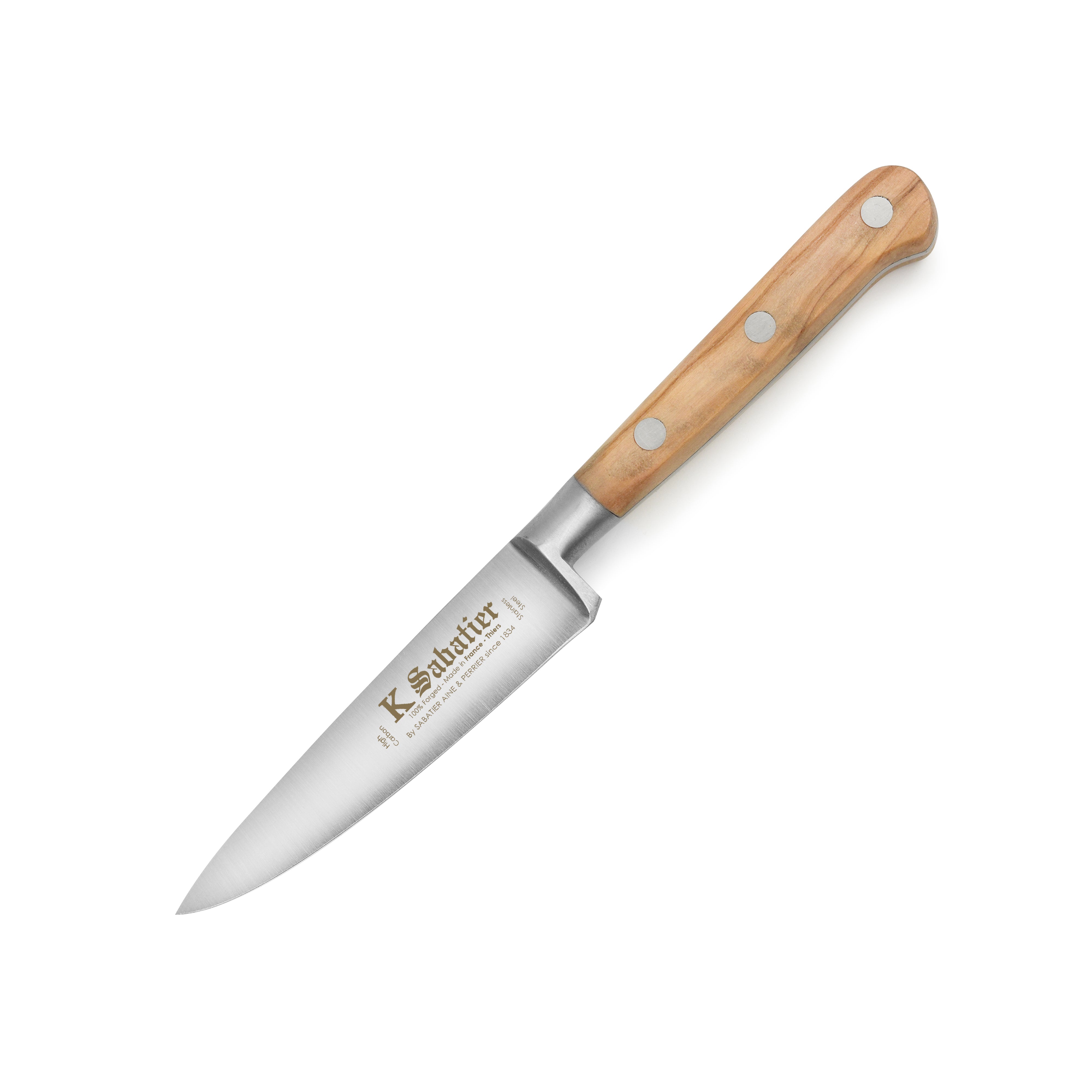 Close-up of the premium olive wood paring knife highlighting its elegant design and stainless steel blade.