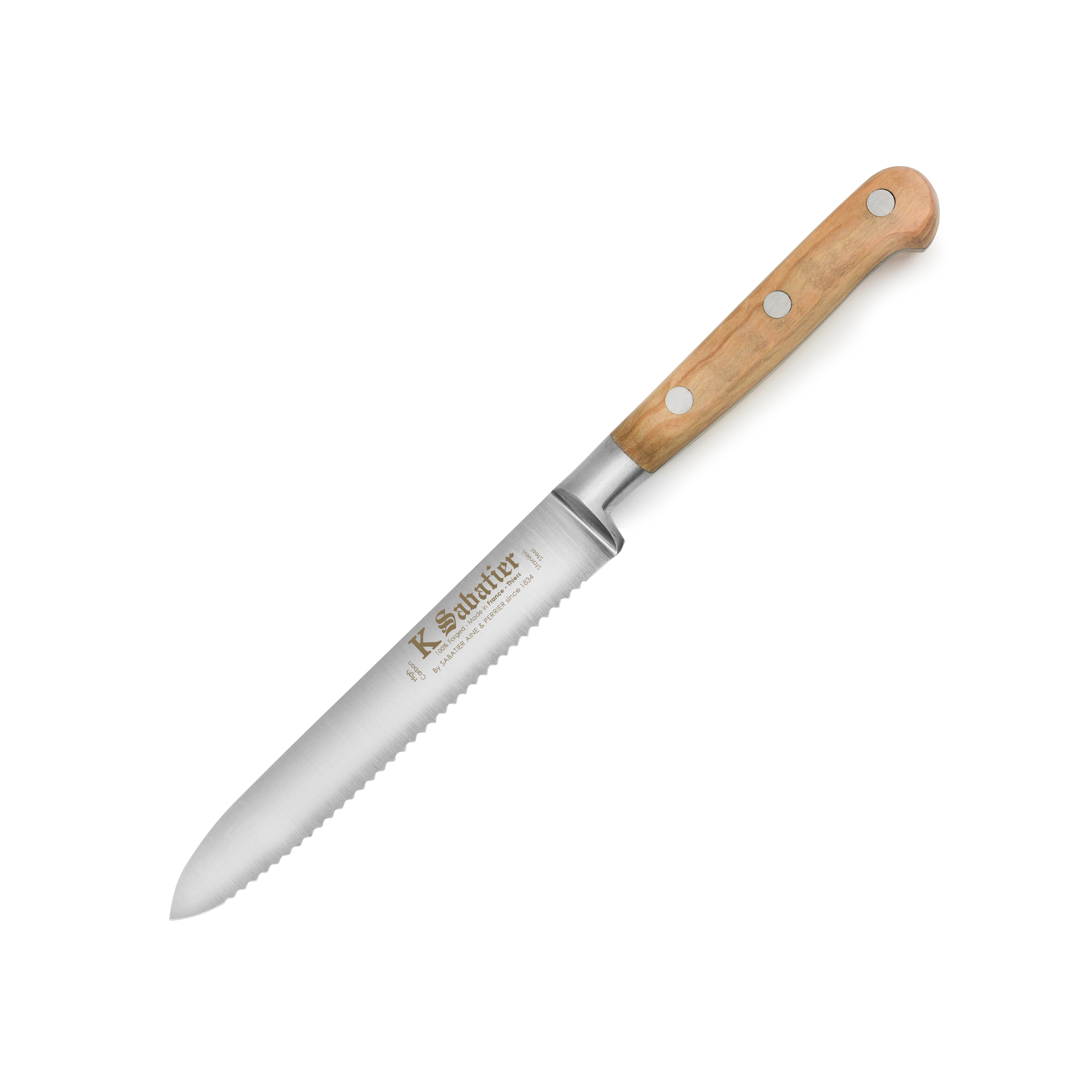 Close-up of K Sabatier olive wood knife showing serrated blade and ergonomic handle