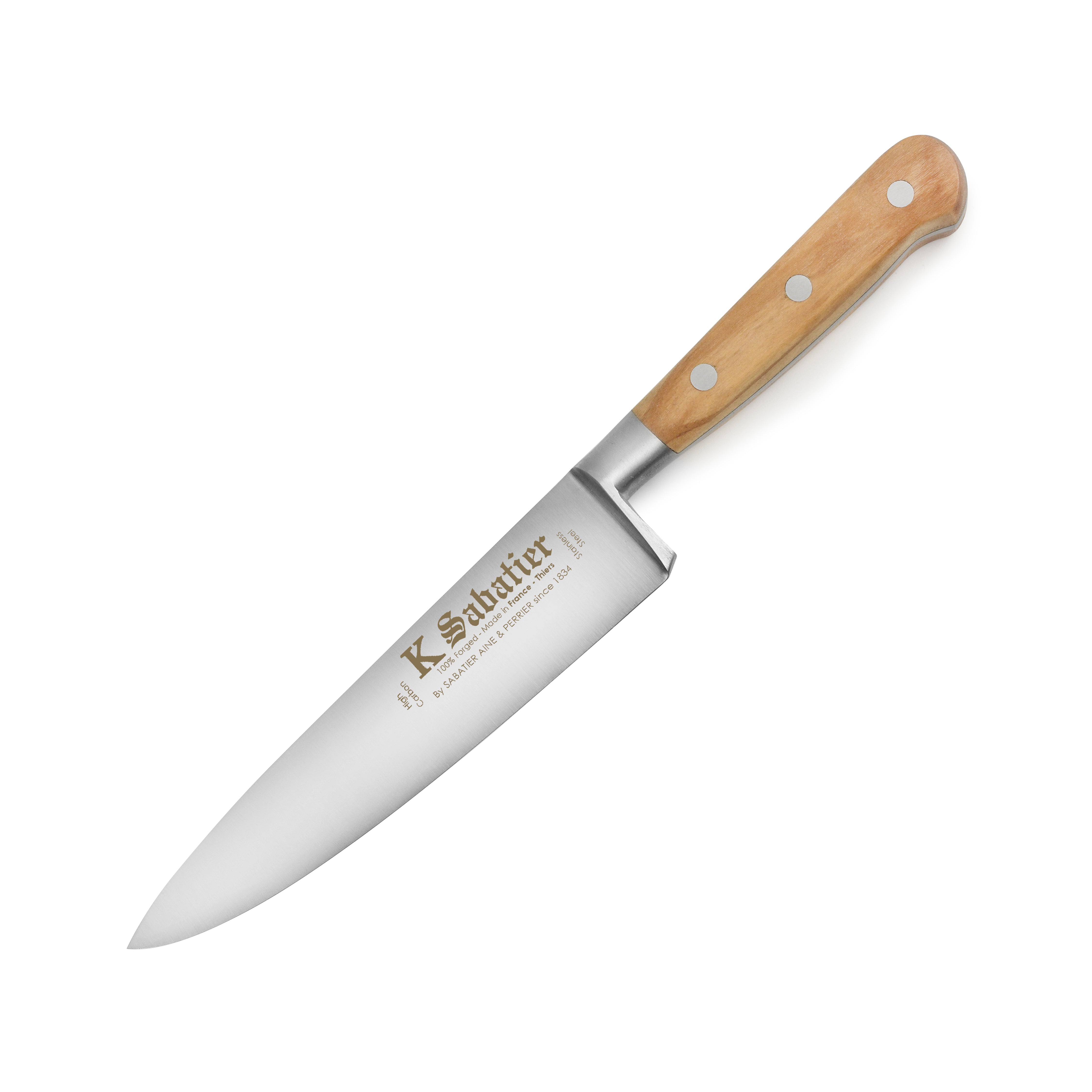 Close-up of the K Sabatier Premium Olive Wood Chefs Knife highlighting the olive wood handle and stainless steel rivets.
