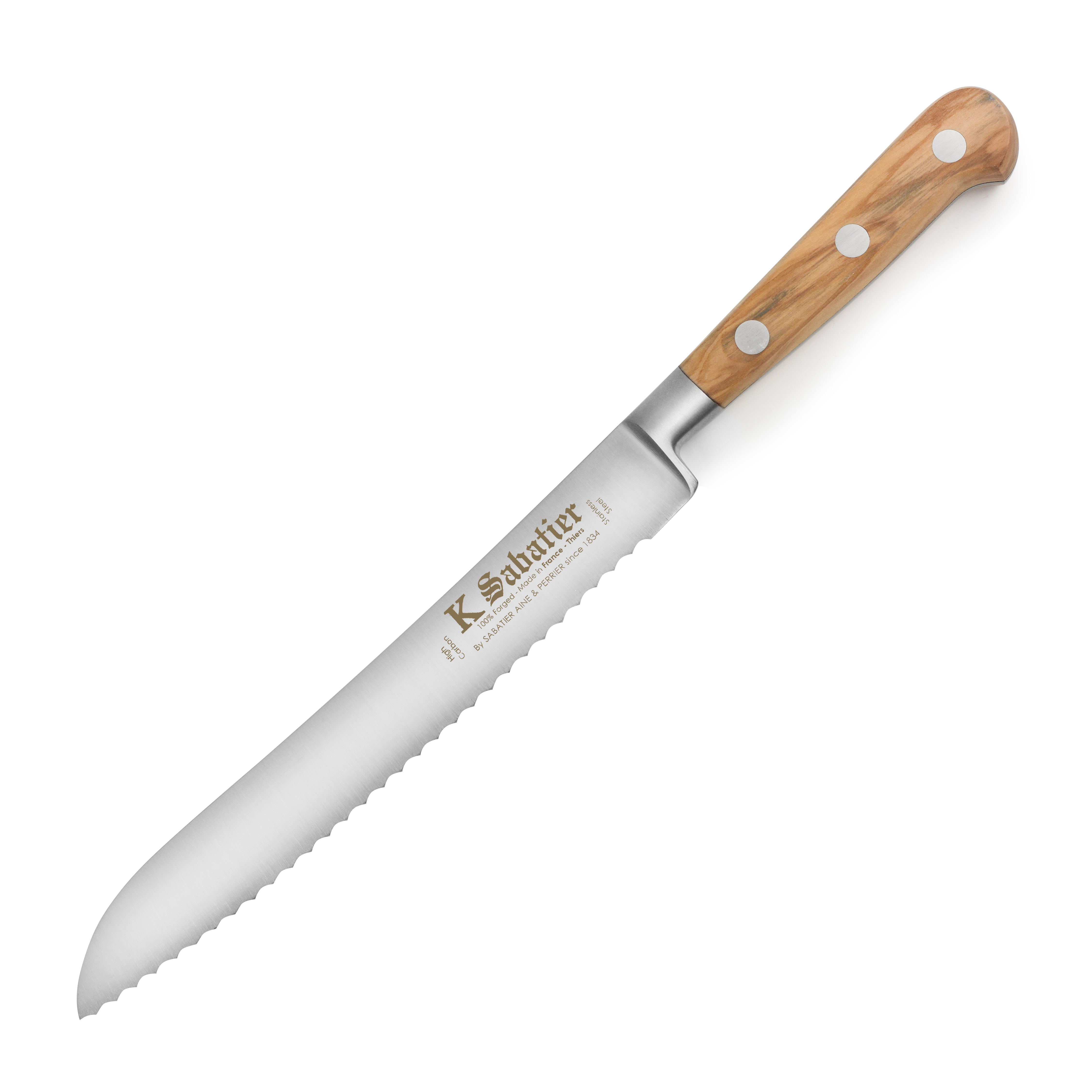 K Sabatier olive wood bread knife with a sleek stainless steel blade and comfortable handle.