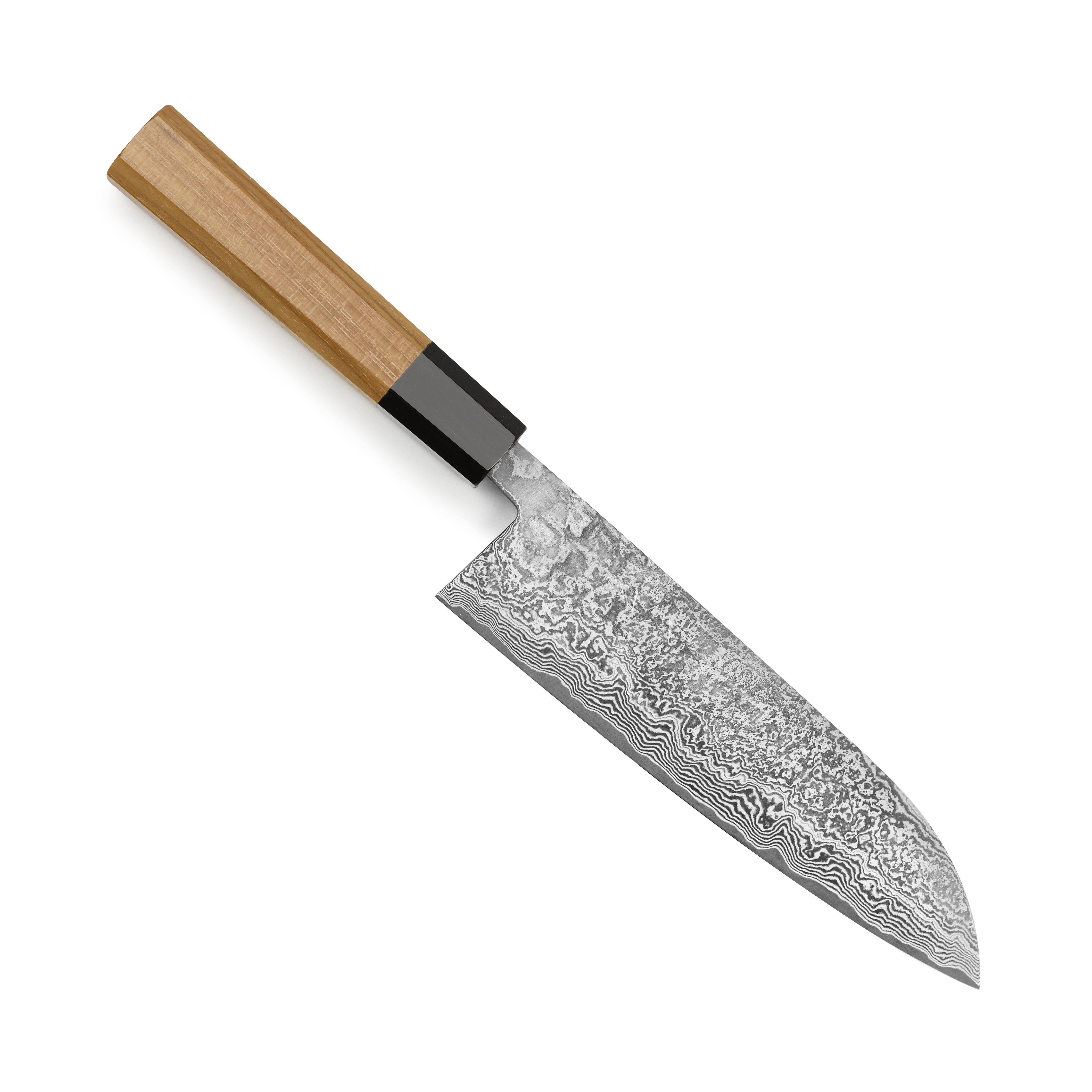 Close-up view of the Shiro Kamo SG2 Santoku knife highlighting its Damascus steel pattern.