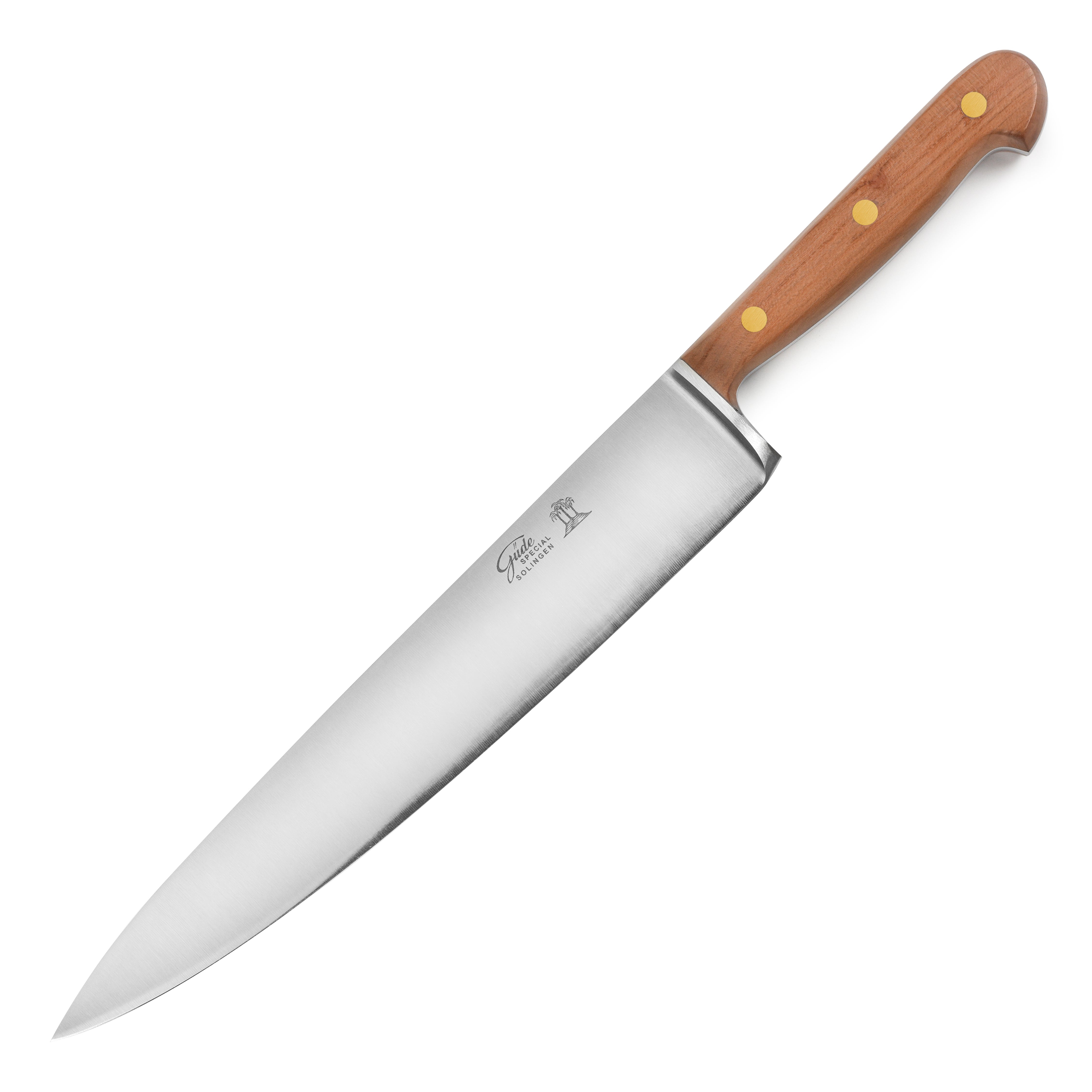 Karl Gude chefs knife showcasing the high carbon steel blade and ergonomic handle