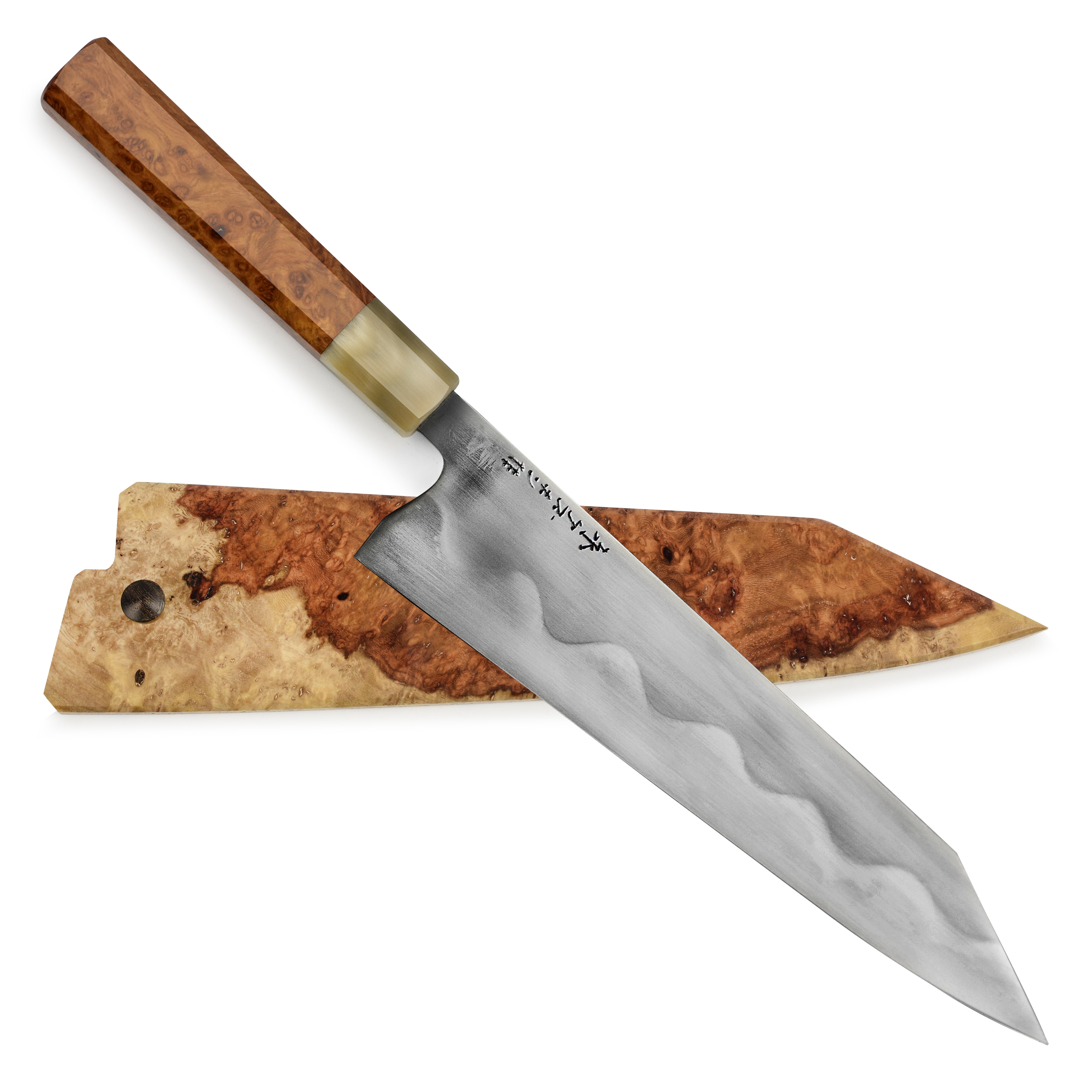 Top view of the Keskin carbon steel gyuto, perfect for slicing vegetables with precision