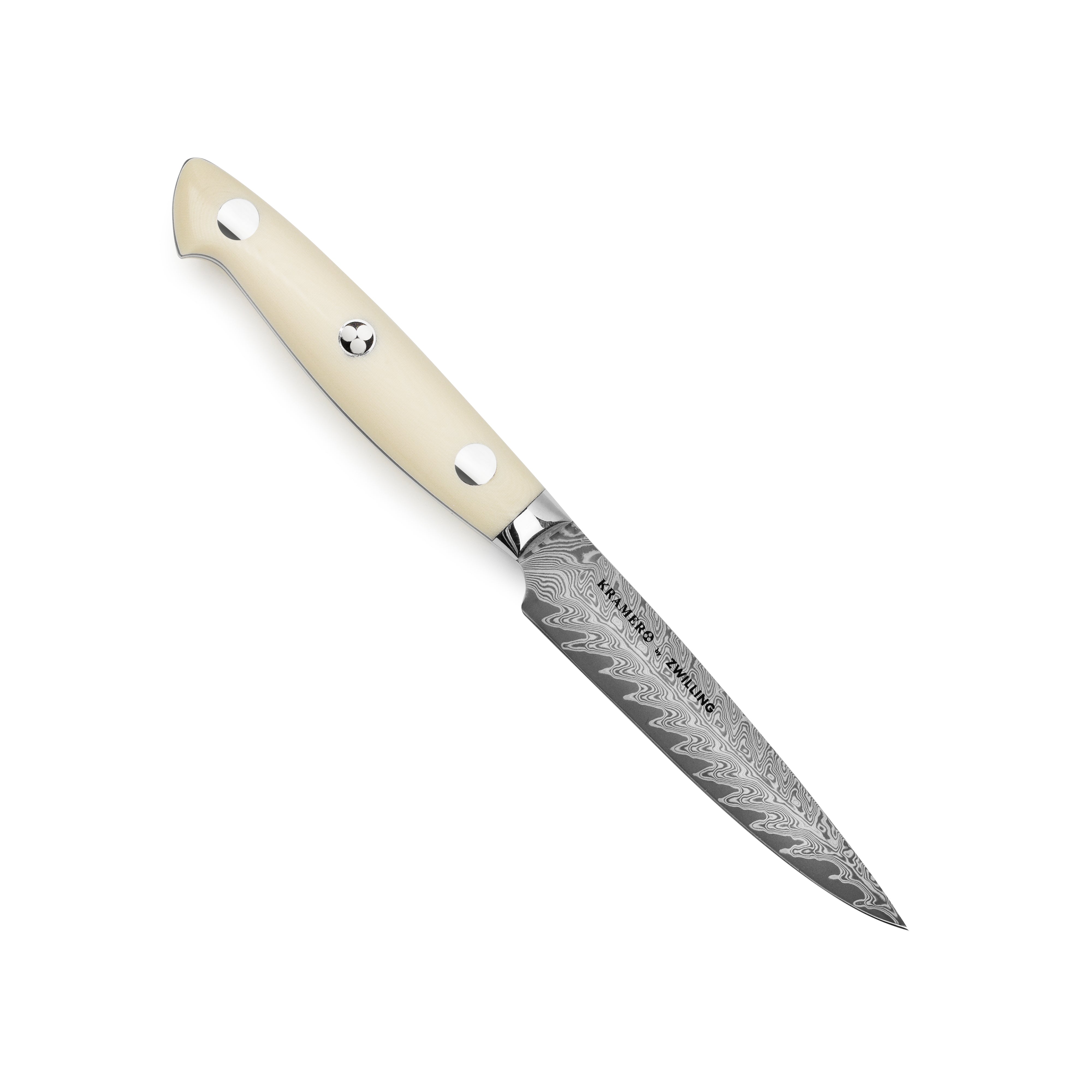 Japanese kitchen knife with intricate blade pattern and ergonomic handle