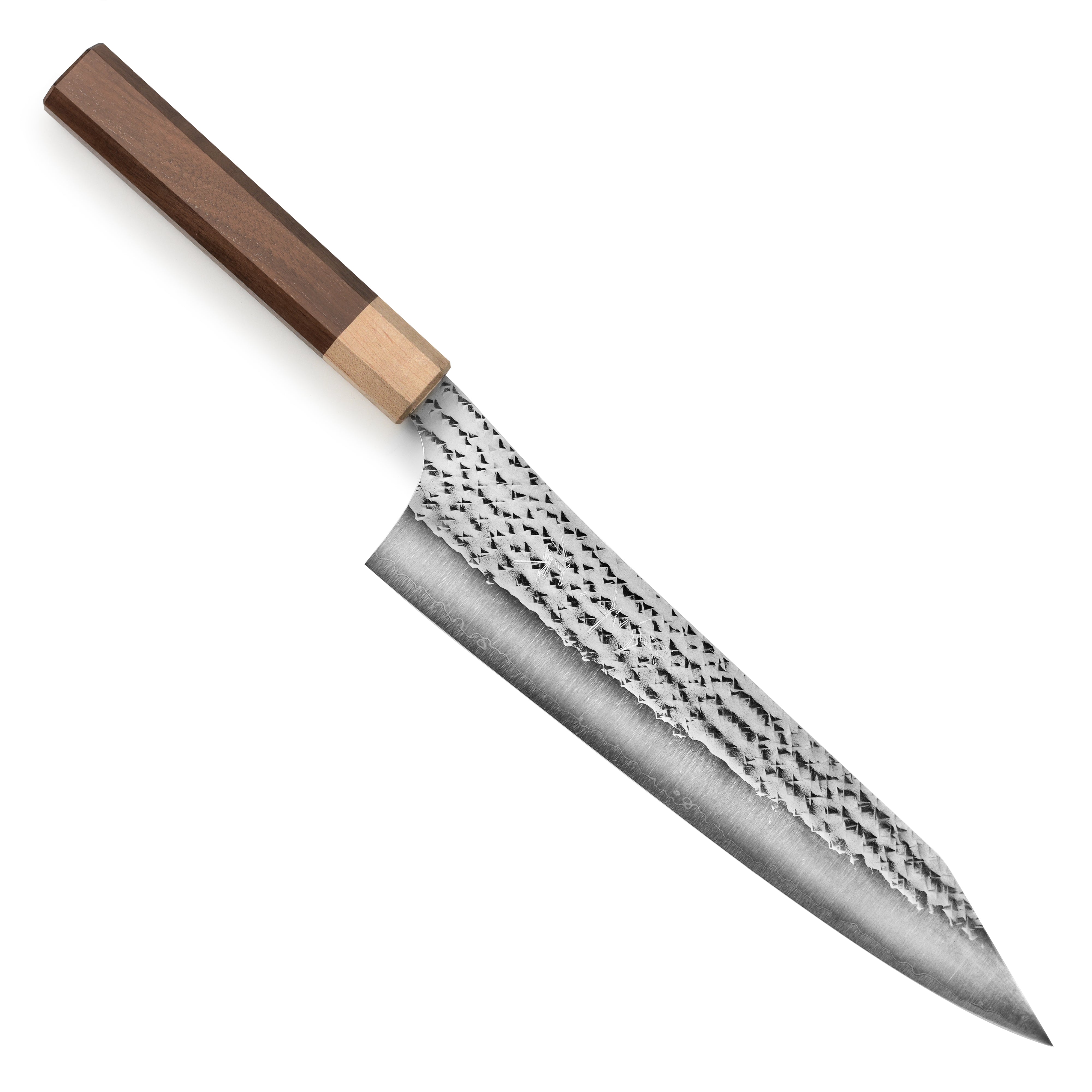 Close-up view of the Kurosaki Senko Ei 9.4" Gyuto knife showing the sharp SG2 polished blade and textured hammered surface.