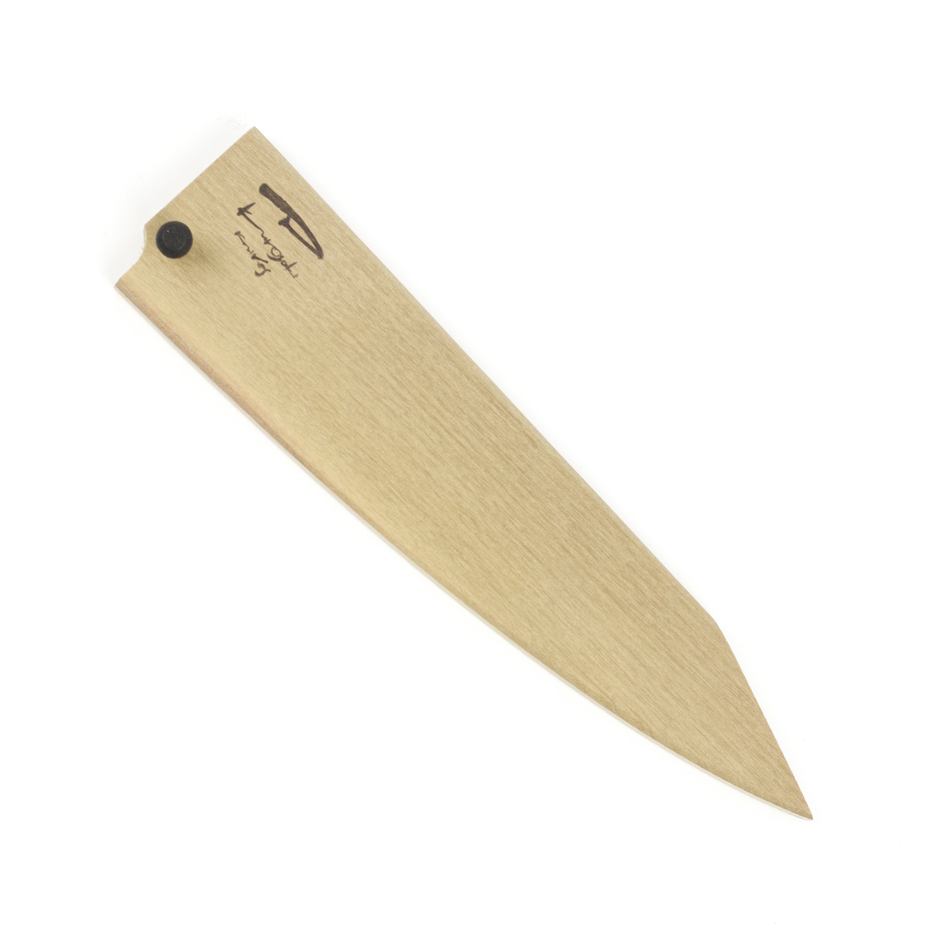 Side angle of Kurosaki Saya sheath for 5.9" petty knife placed next to its blade