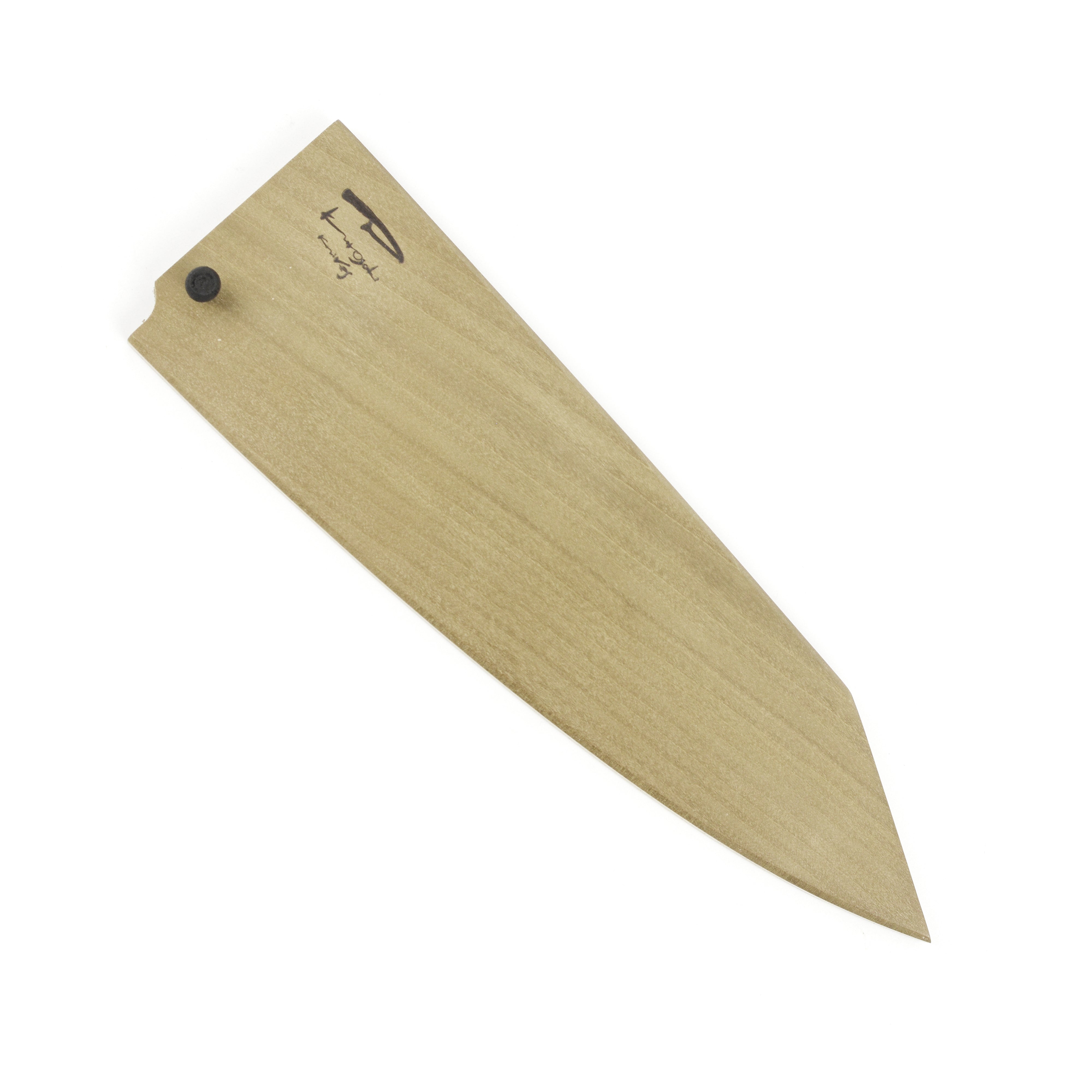 Kurosaki Bunka knife in a Japanese knife Saya, top view