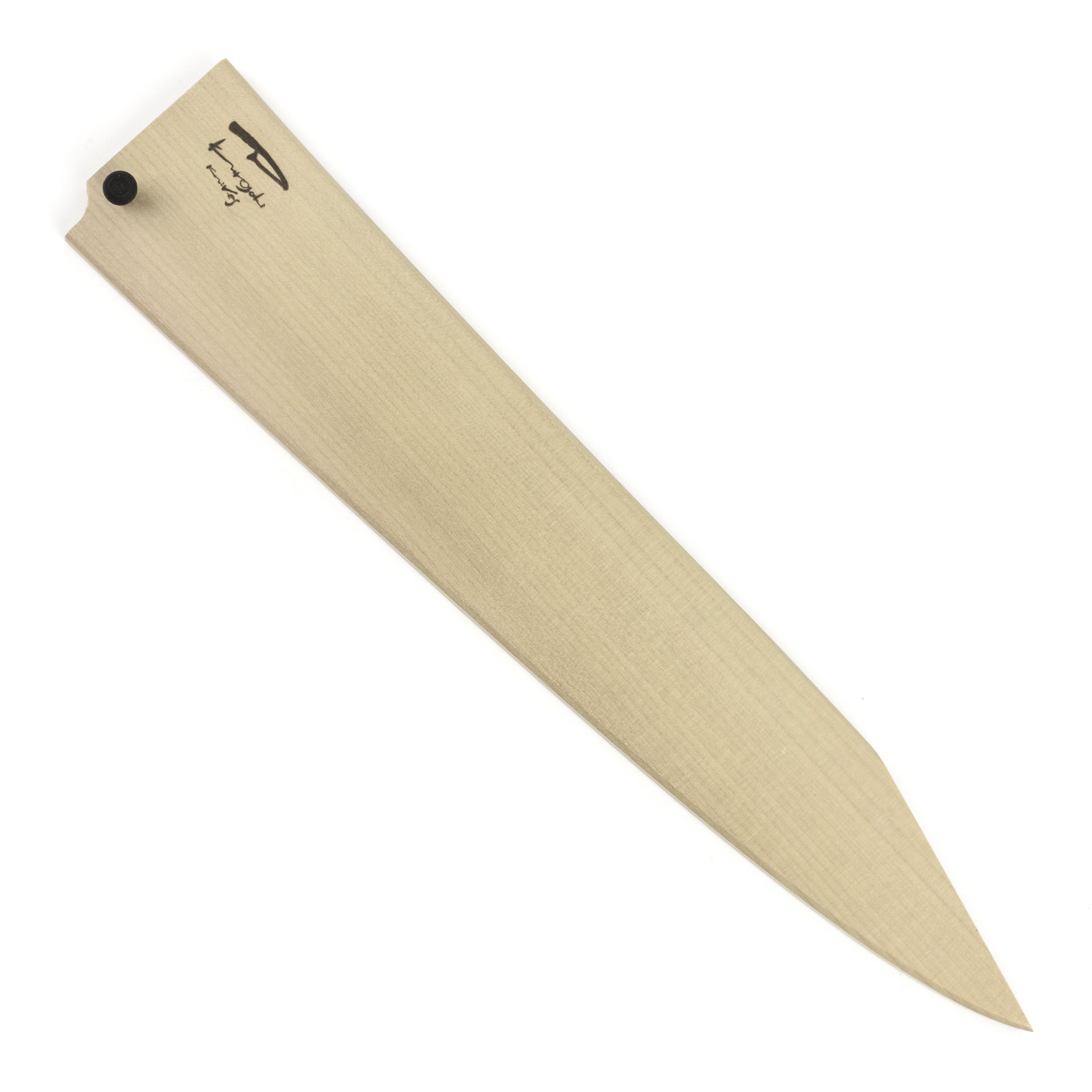 Kurosaki Saya 9.4-inch Sujihiki sheath covering a Japanese kitchen knife