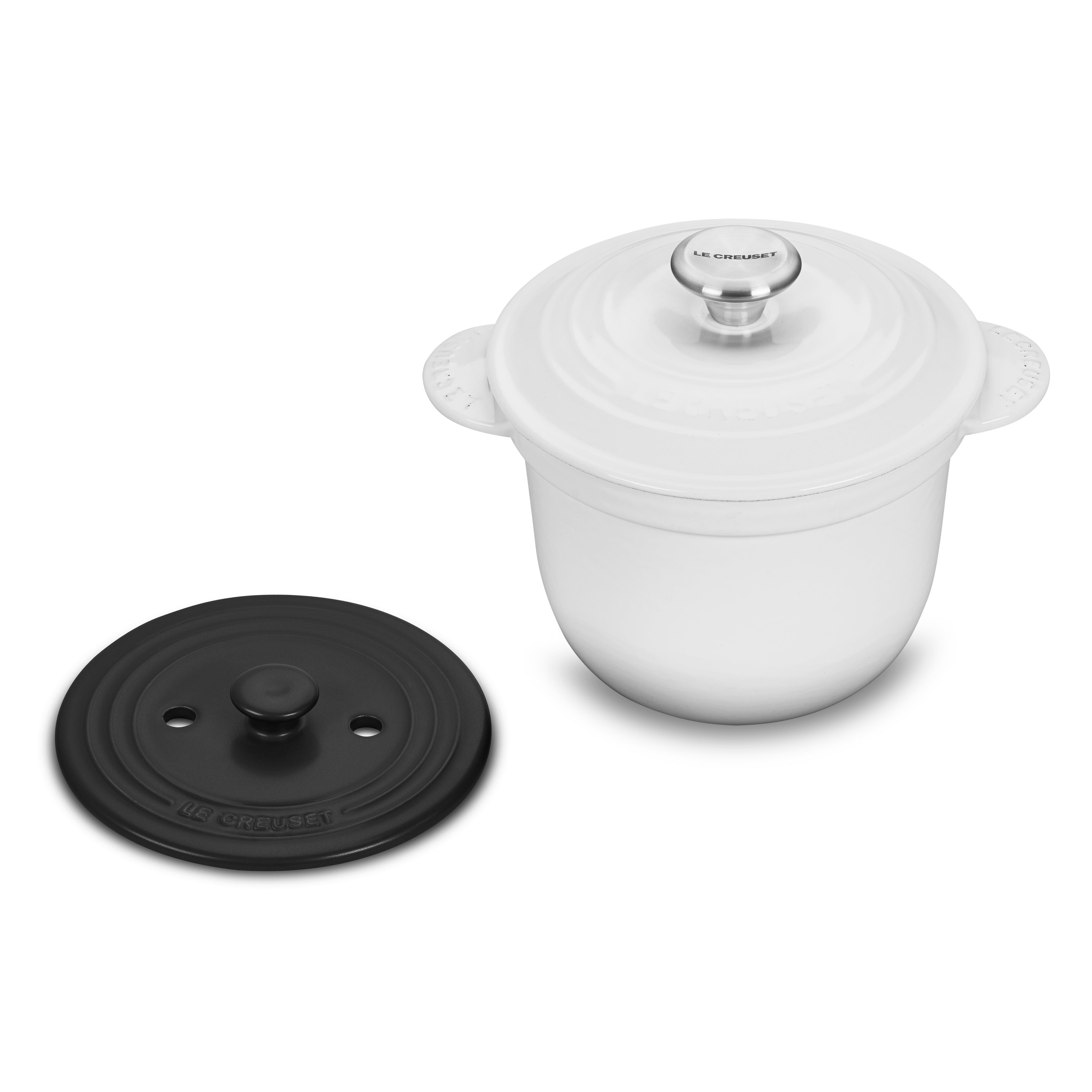 Le Creuset 2.25 Quart Rice Pot showcasing its elegant design and ergonomic handles.