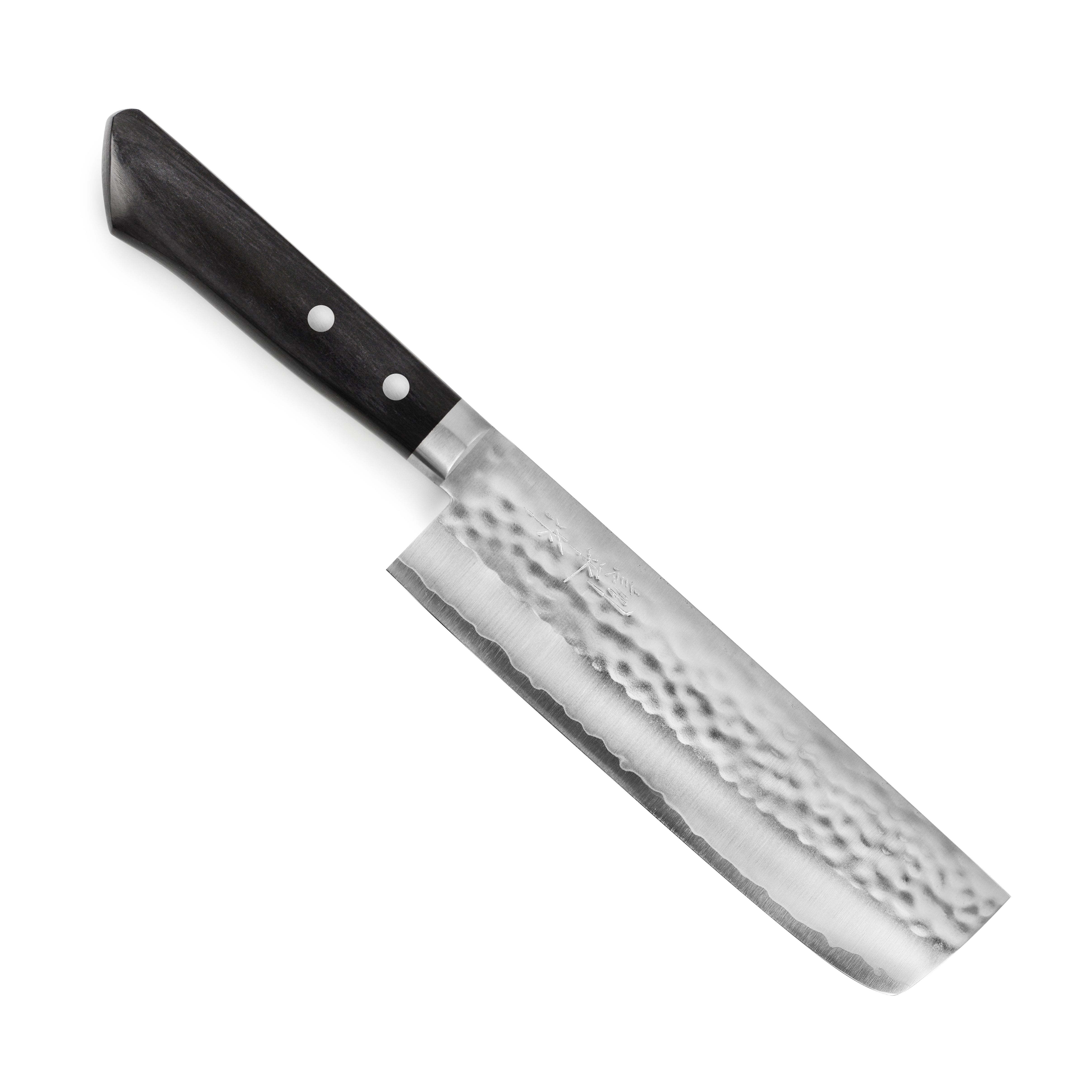 Masutani VG1 nakiri knife with hammered finish and black handle, showcasing the craftsmanship.