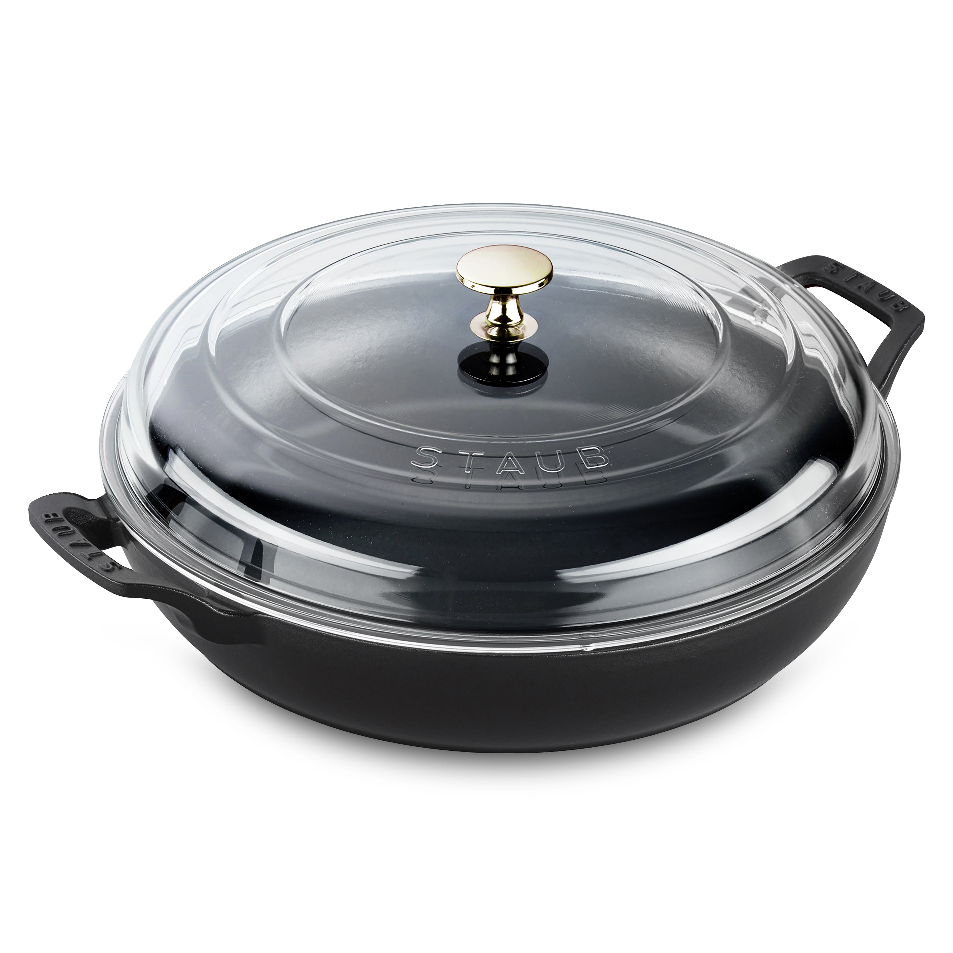 Close-up view of Staub 3.5-quart black braiser showcasing the textured enamel interior.