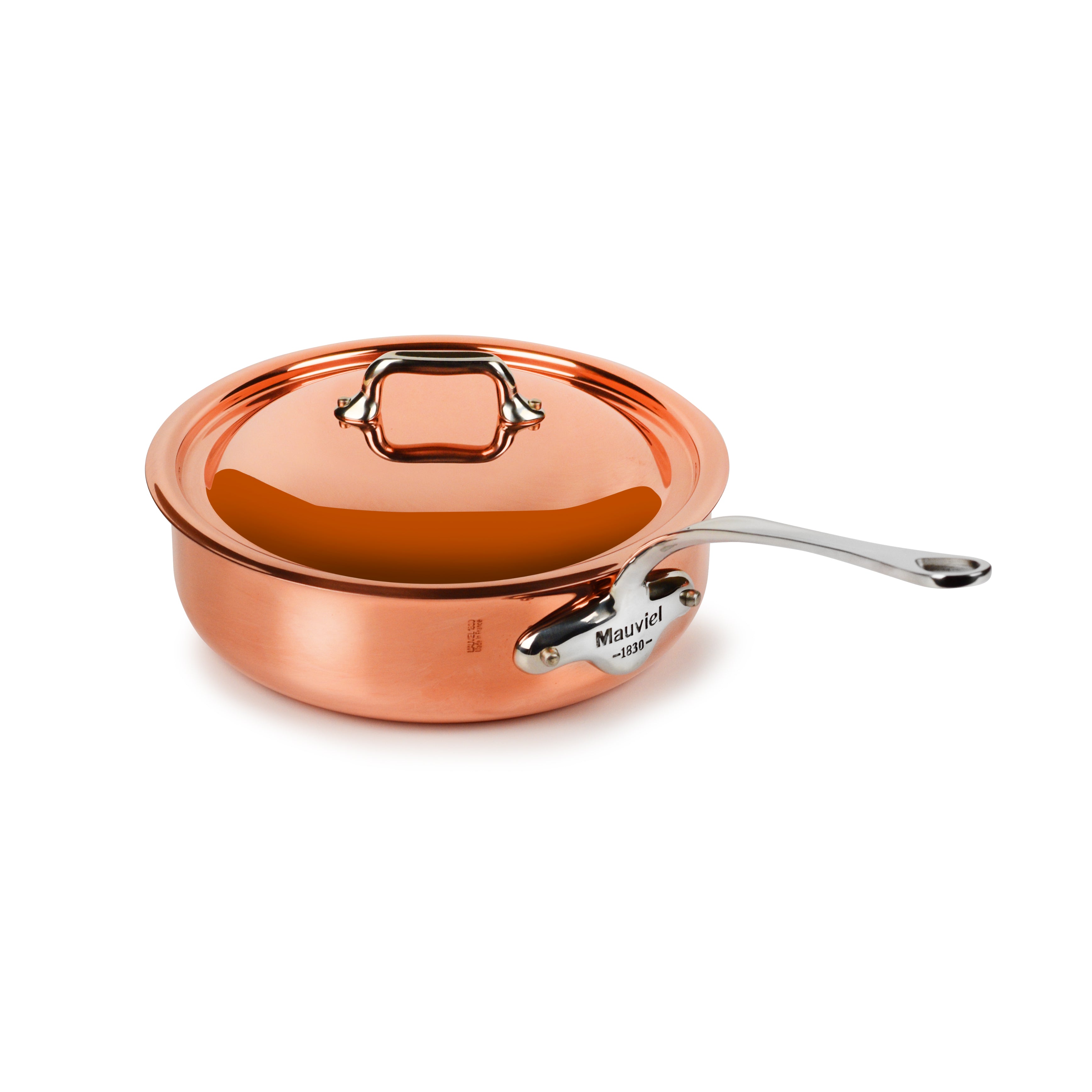 Mauviel M'6S copper saute pan with lid, highlighting its elegant finish and sturdy handle.