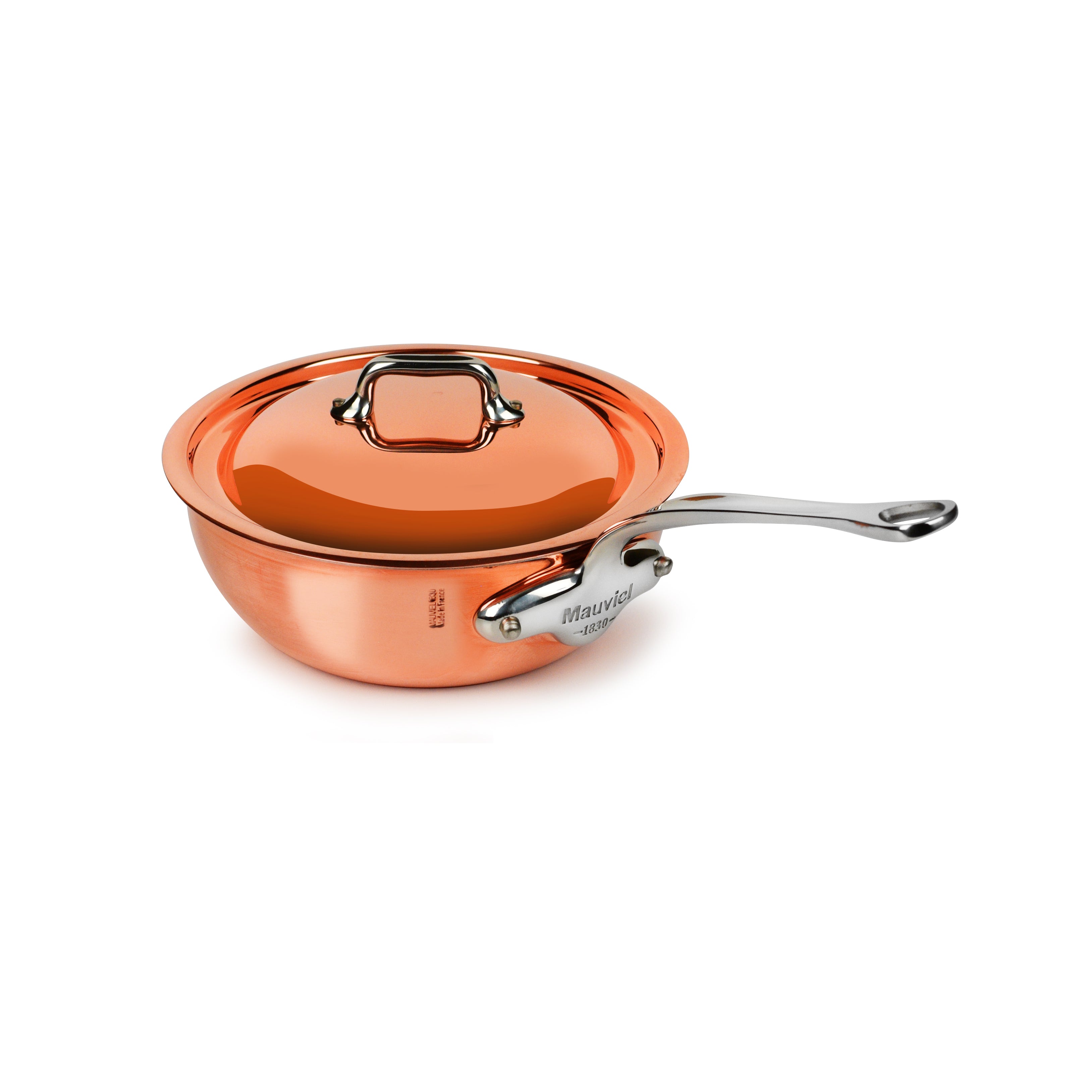 Angled overhead view of Mauviel M'6S copper saucier showing flared rim and riveted stainless steel handle – ideal for induction cookware enthusiasts