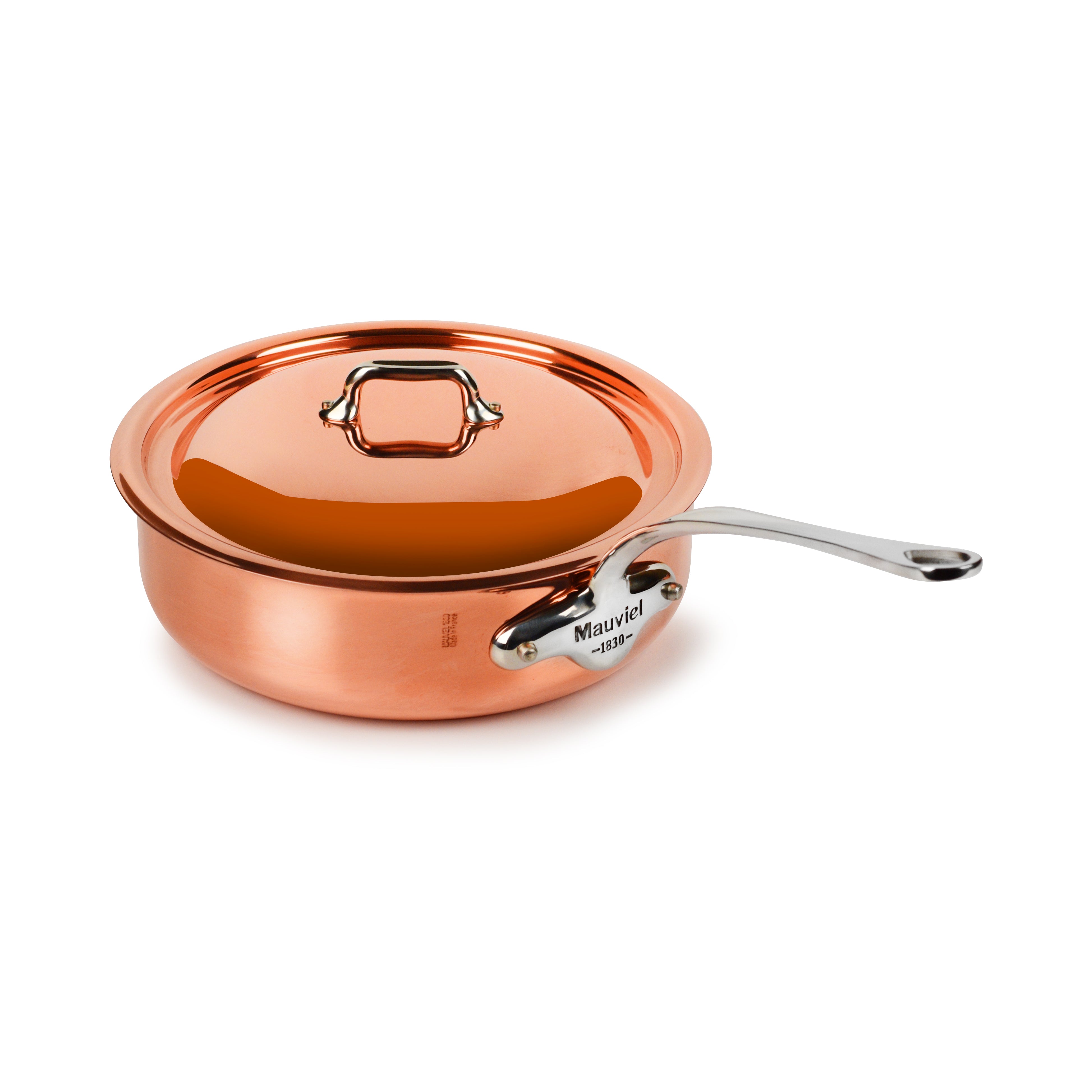 Close-up of Mauviel M6S copper induction saute pan with polished finish and stainless steel handles