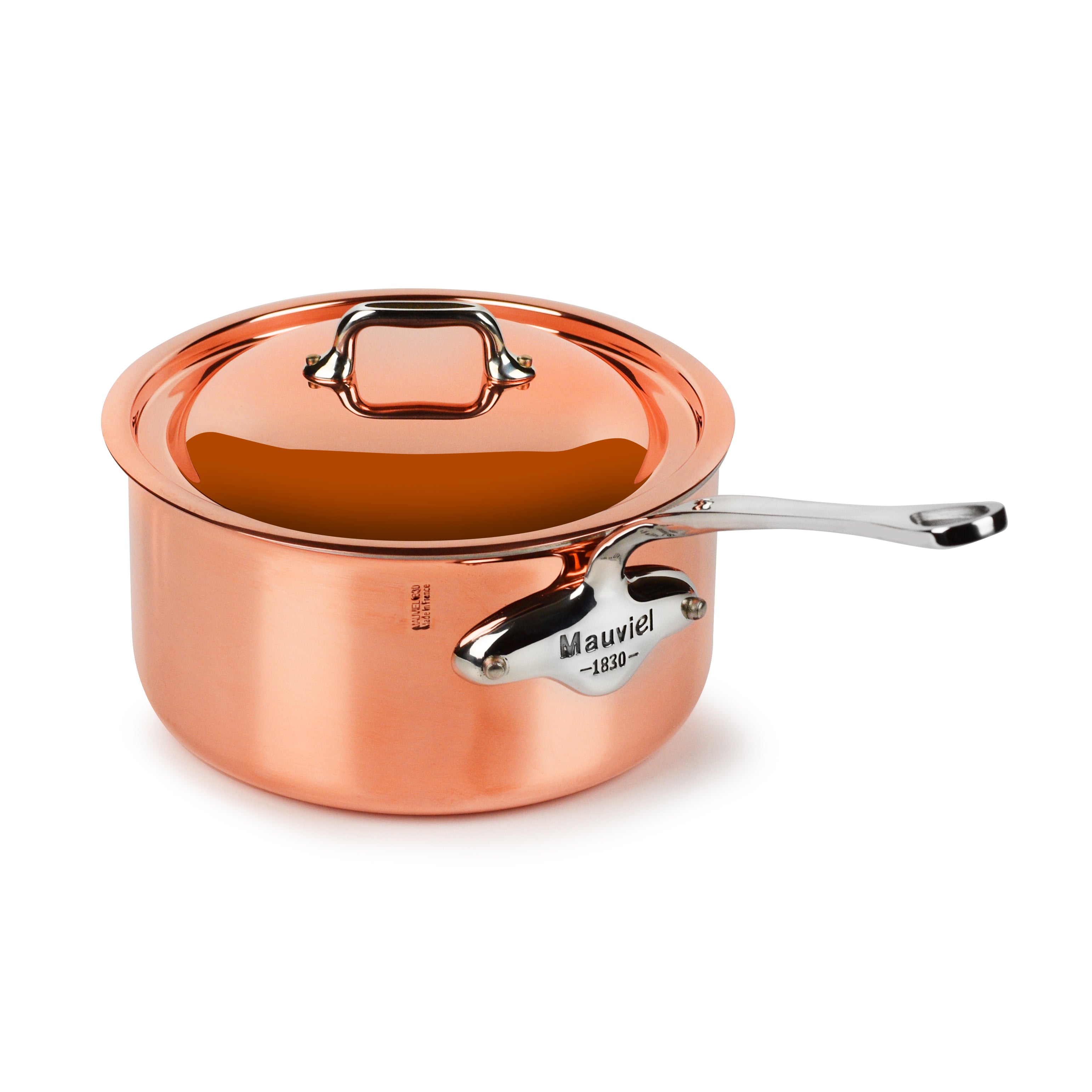 Mauviel copper saucepan with lid on induction stove