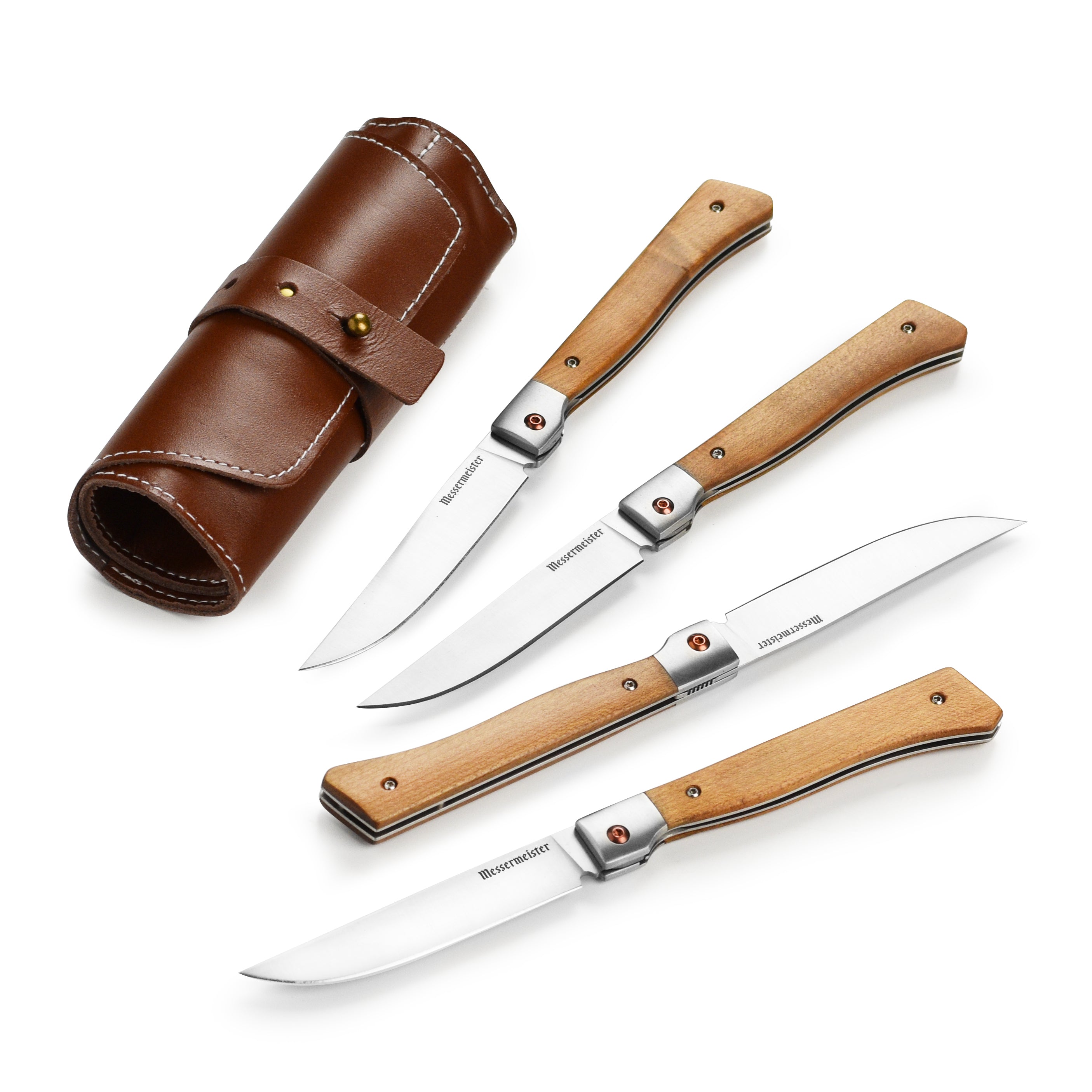 Close-up of the open frame handle and liner locking mechanism on steak knives