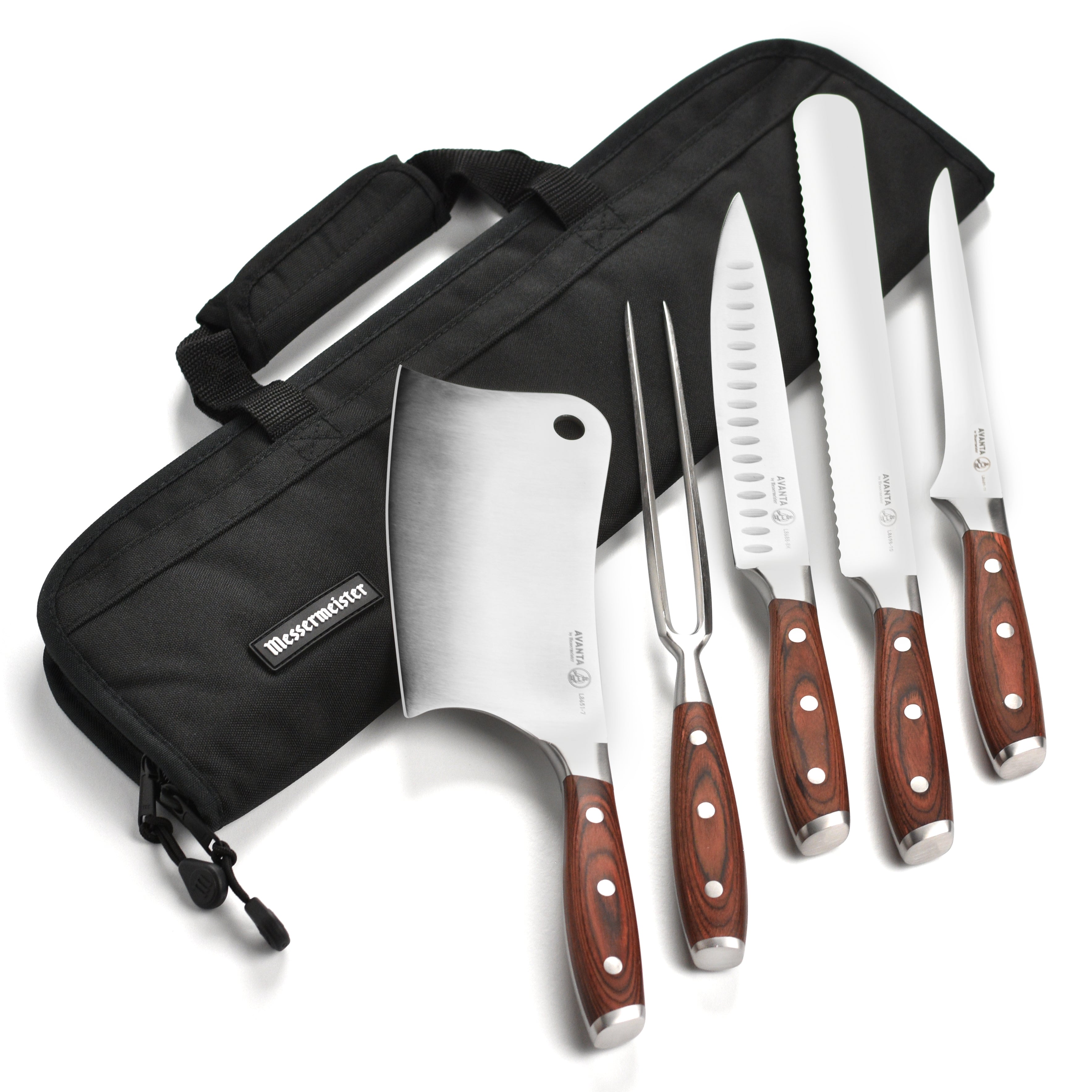 Premium forged BBQ knife set displayed on a wooden cutting board, highlighting the stainless steel blades and pakkawood handles.