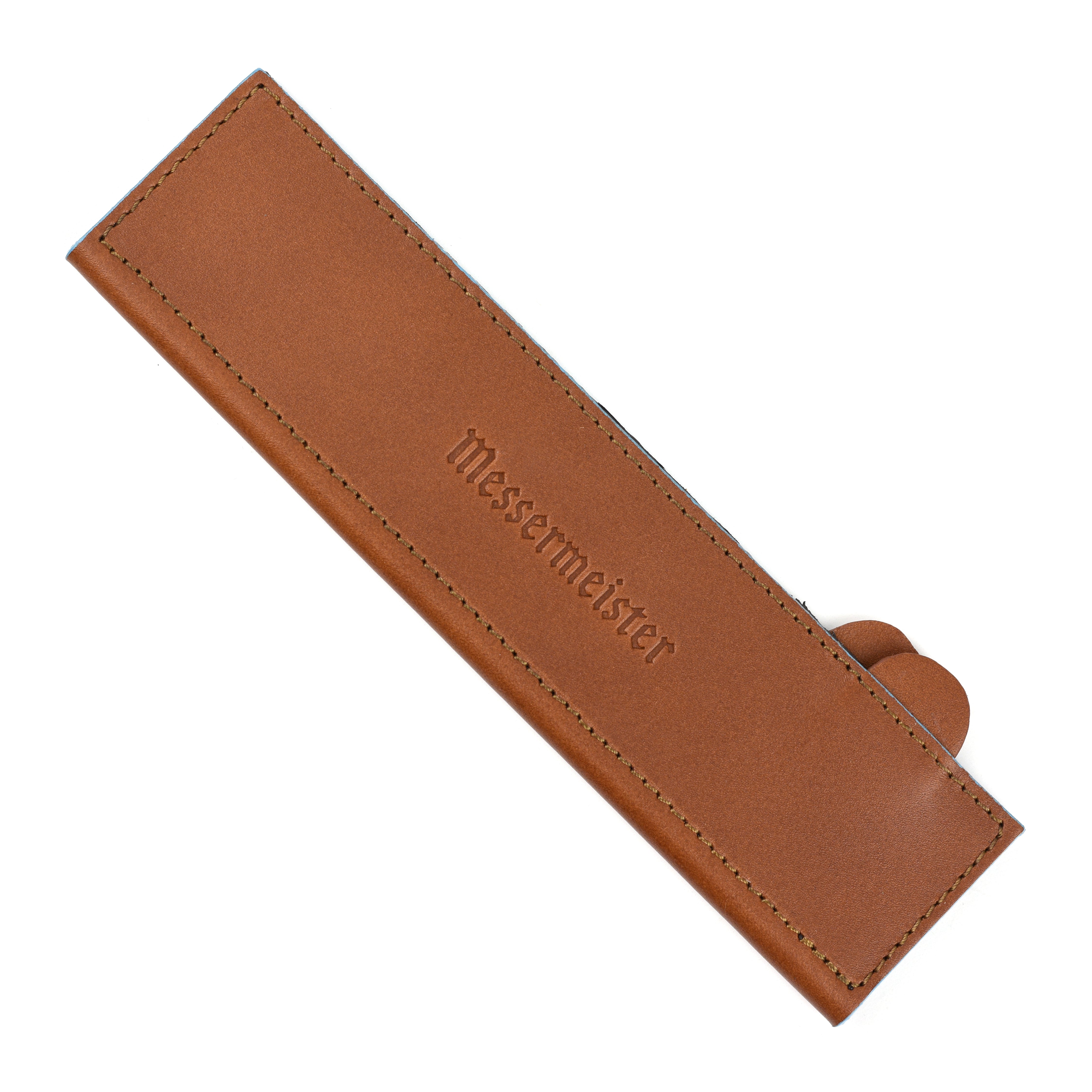 Messermeister leather knife sheath for 8.5 inch knives displayed with a knife secured inside.