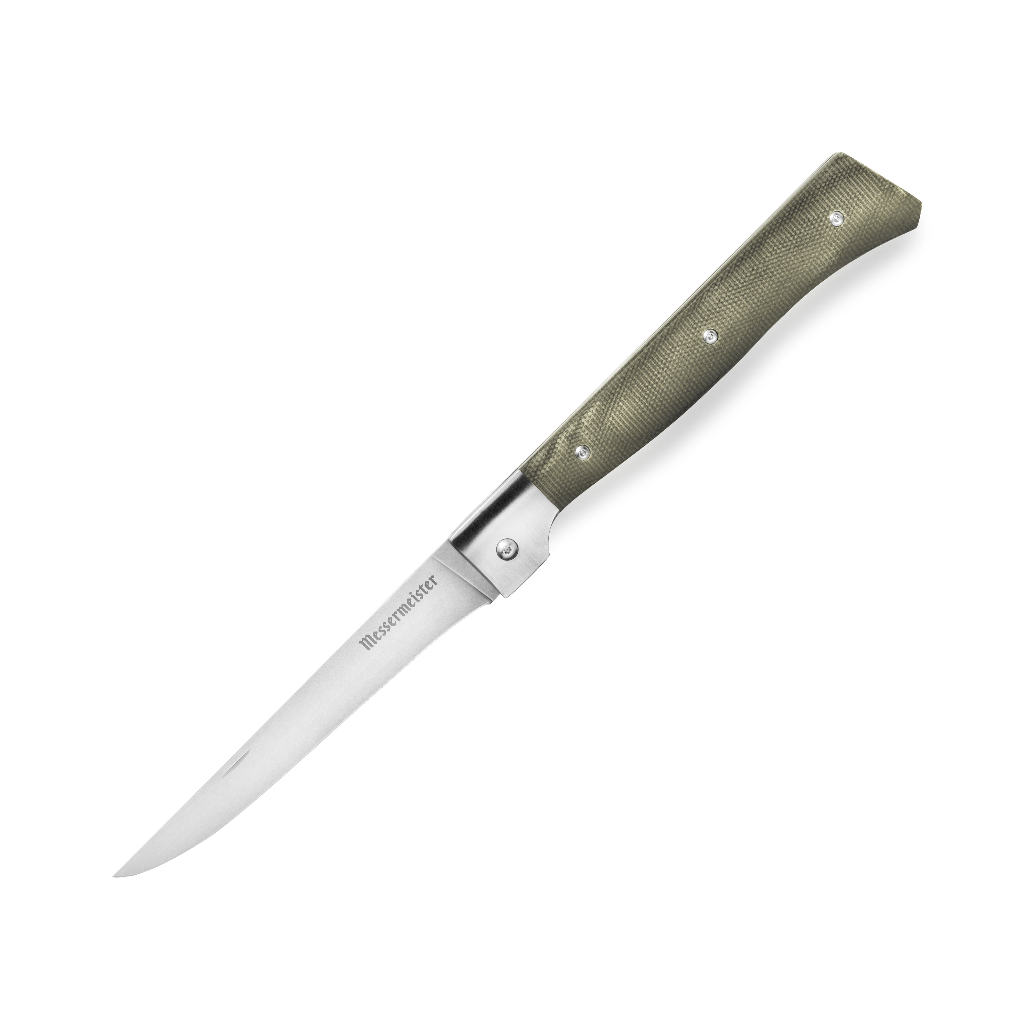 Close-up of the blade detailing on the Messermeister Adventure Chef folding fillet knife, showcasing the stonewash finish.