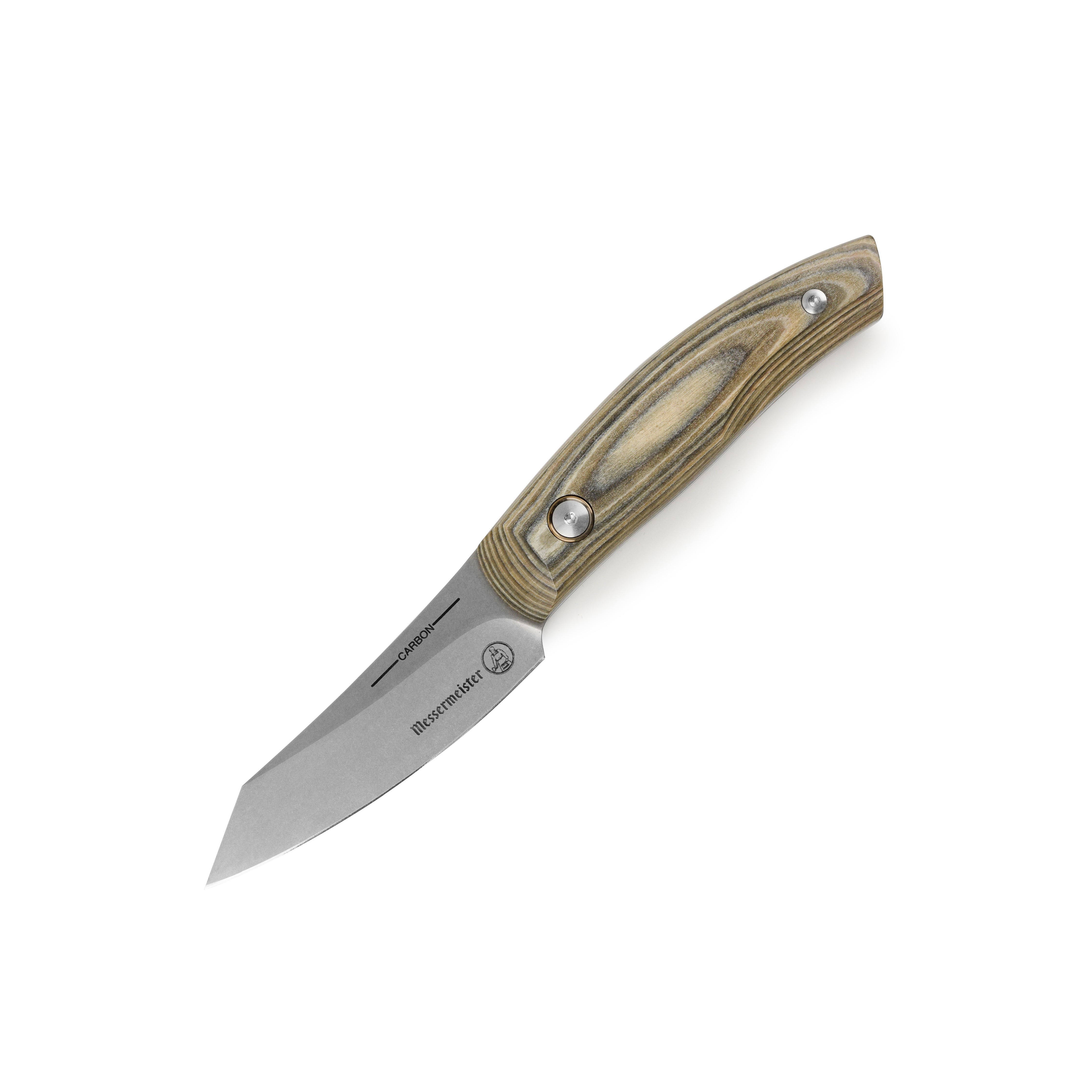 Close-up of handcrafted high carbon steel paring knife showing blade detail