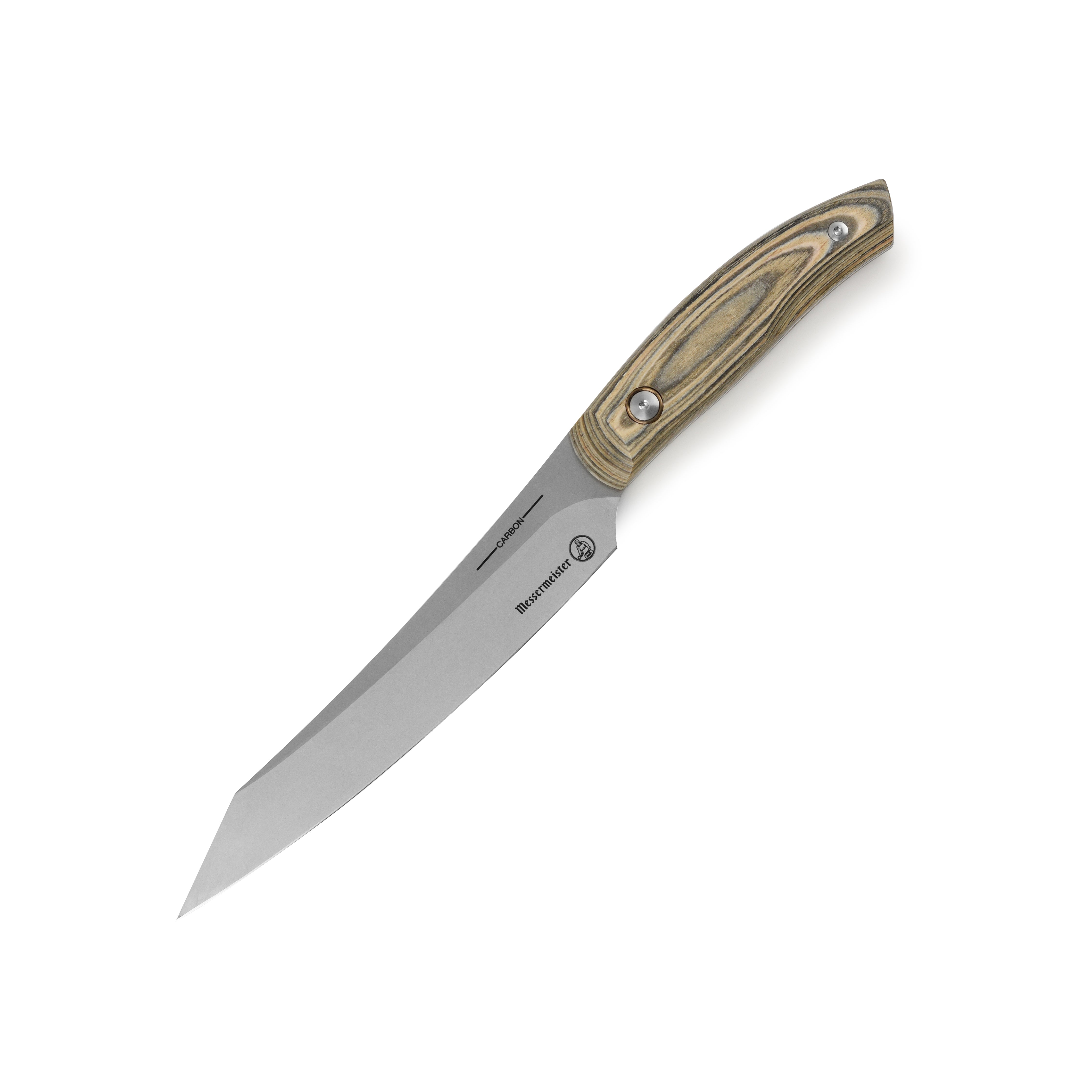 Close-up view of the Messermeister Artisan Carbon Utility Knife blade highlighting its carbon steel finish.