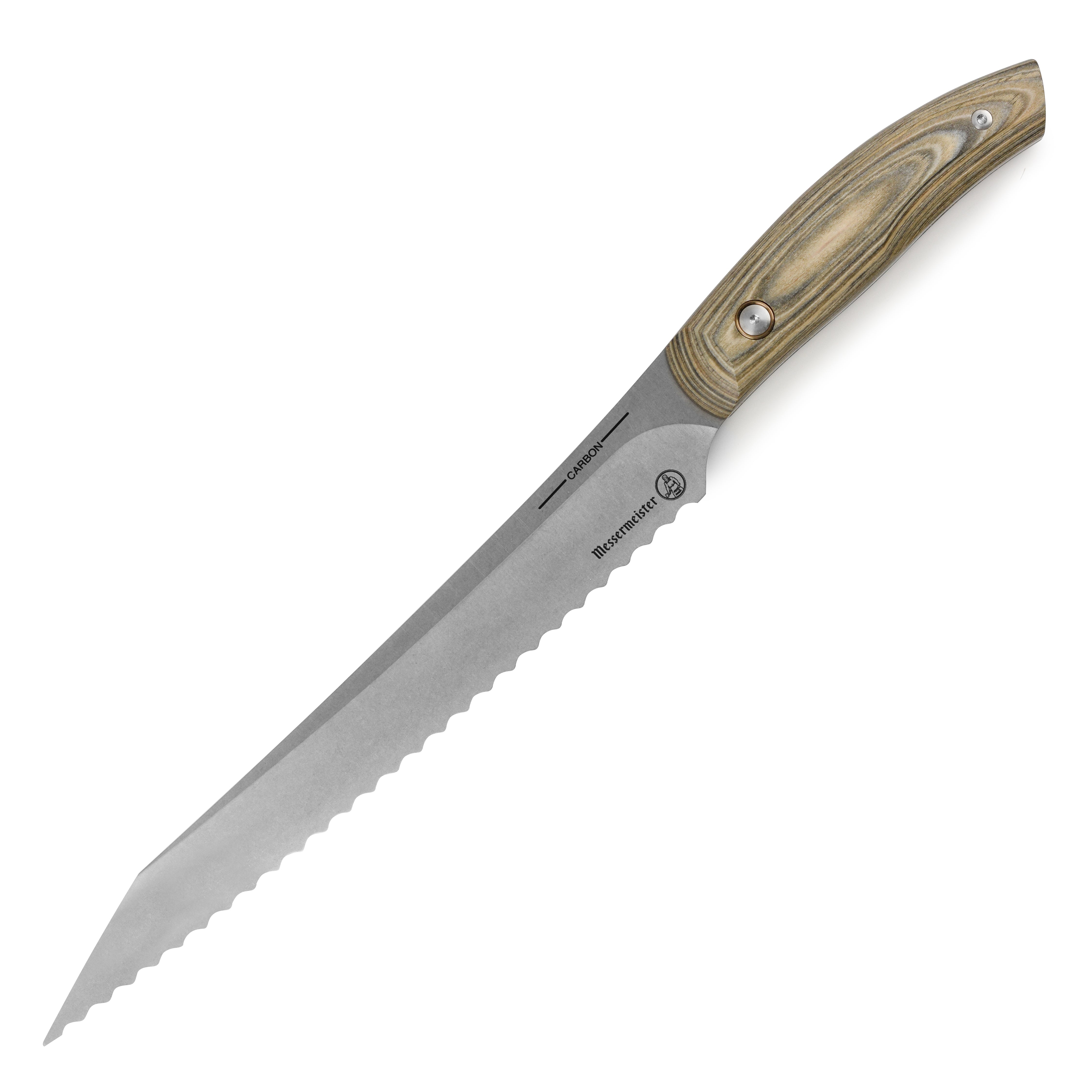 Artisan carbon steel bread knife showcasing the sharp blade and elegant handle.