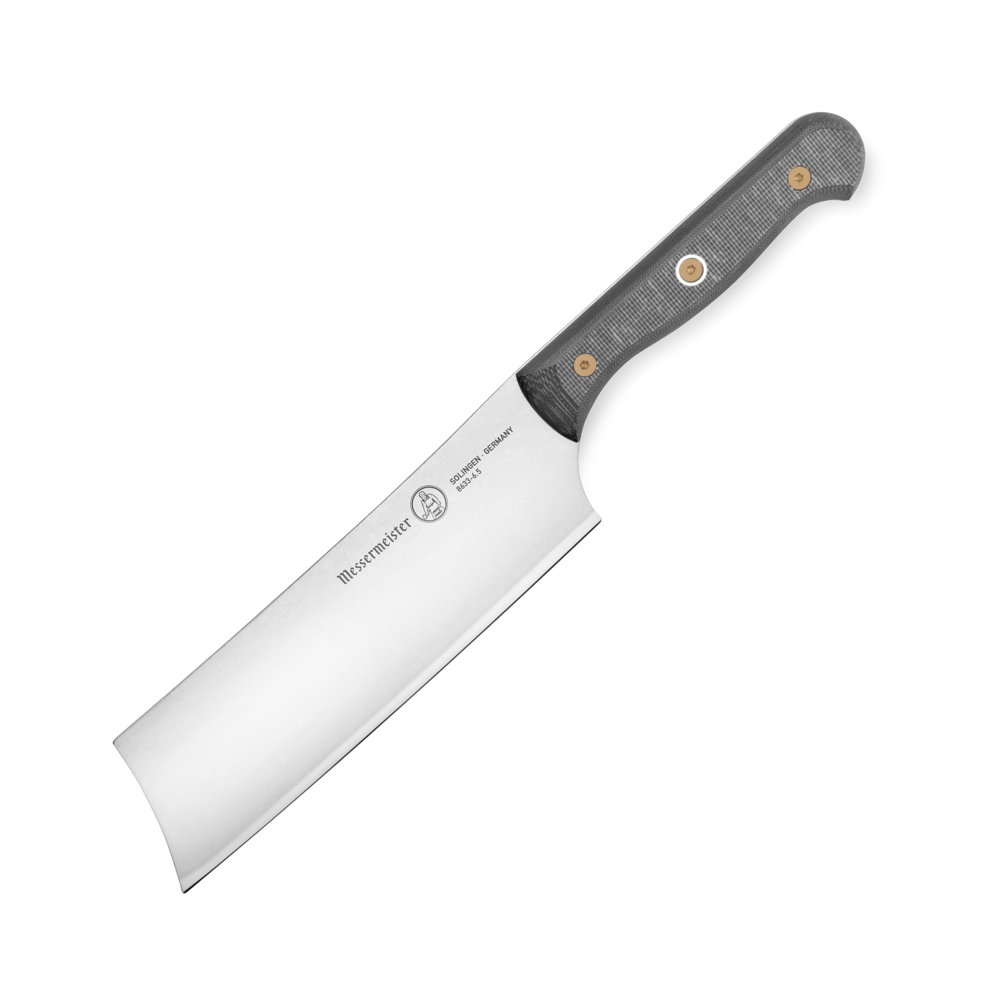 Close-up view of the Precision Micarta Nakiri Knife highlighting the blade and handle texture.