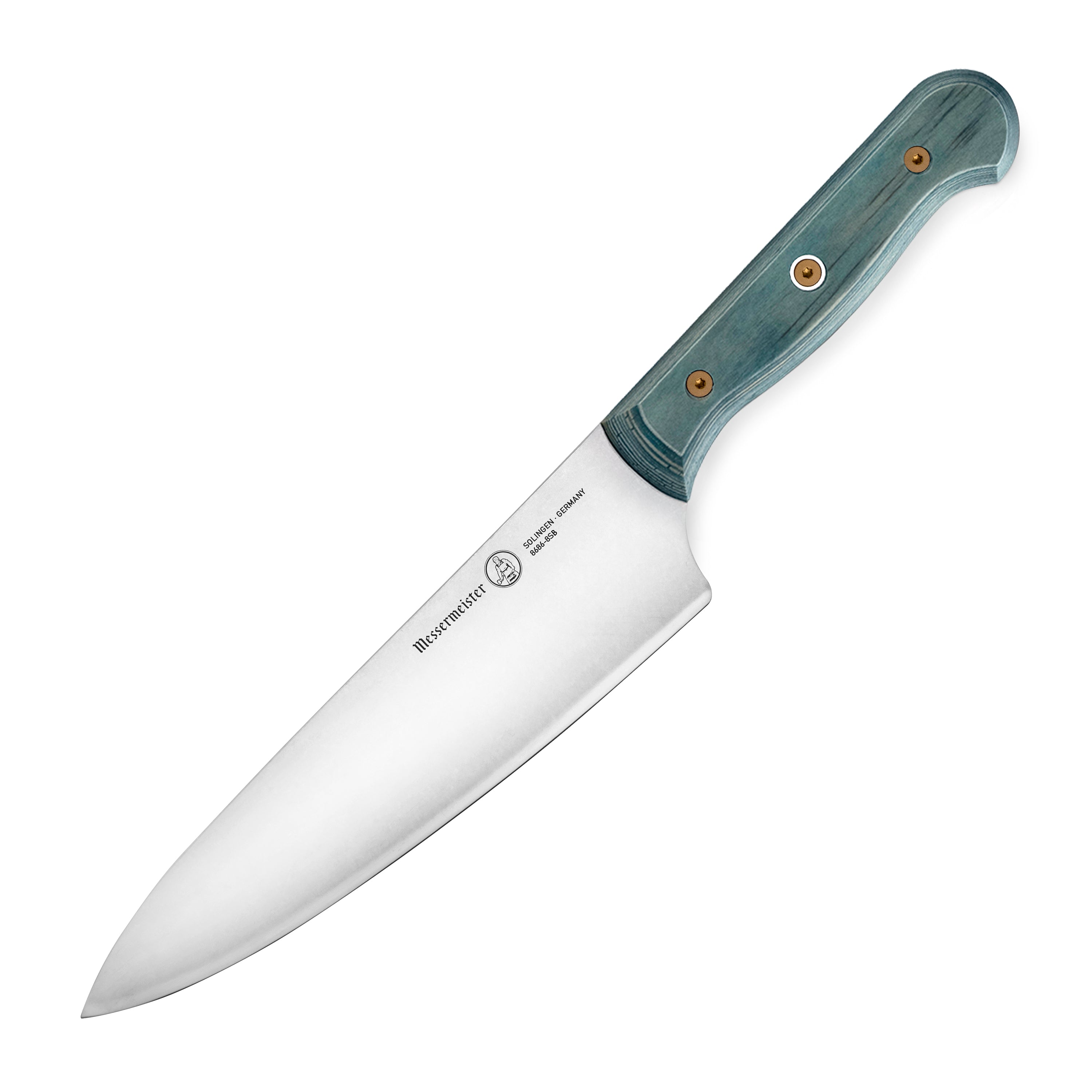 Close-up of the Messermeister Custom Indigo German chefs knife blade showing stonewash finish