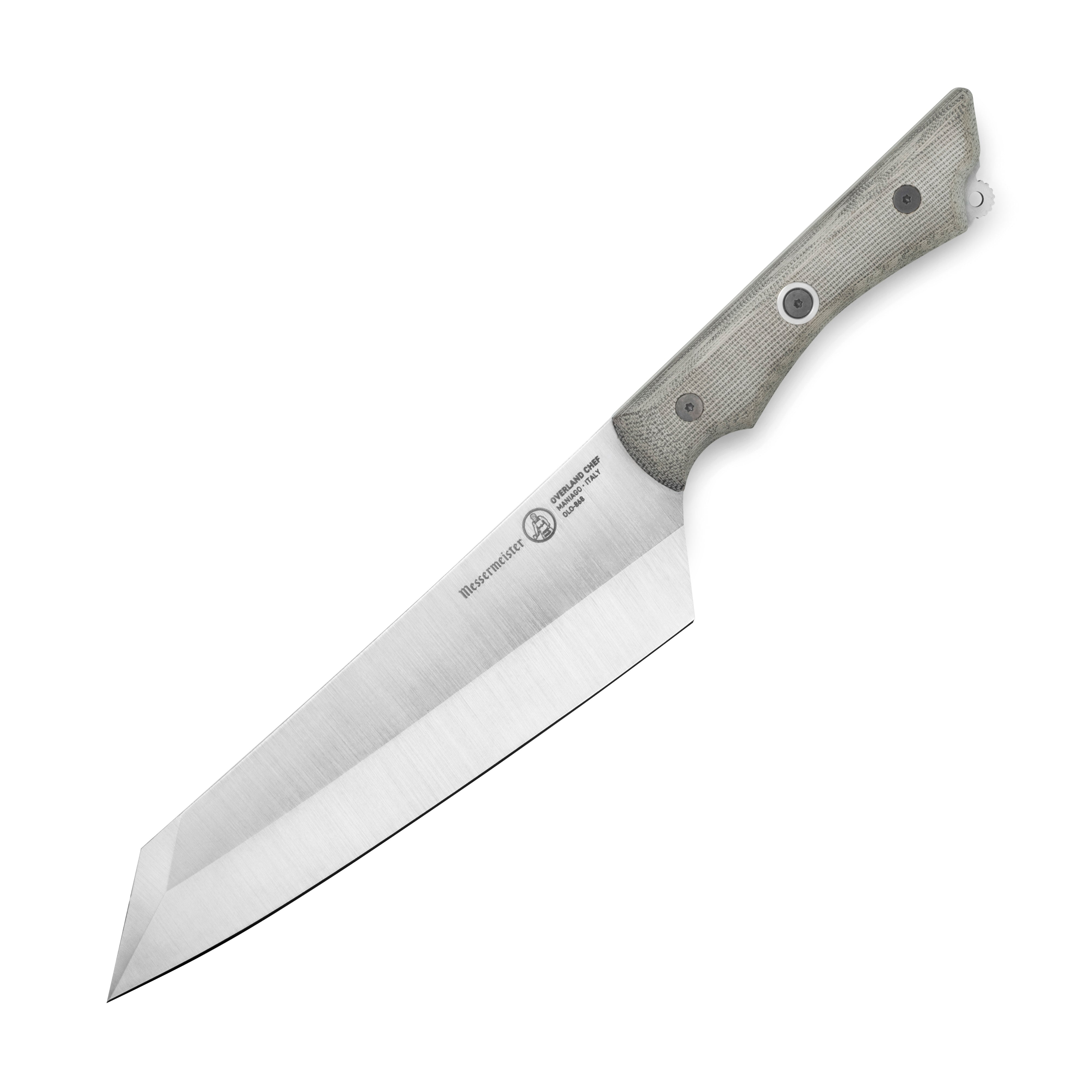 Messermeister Overland 8-inch chefs knife with detailed blade close-up
