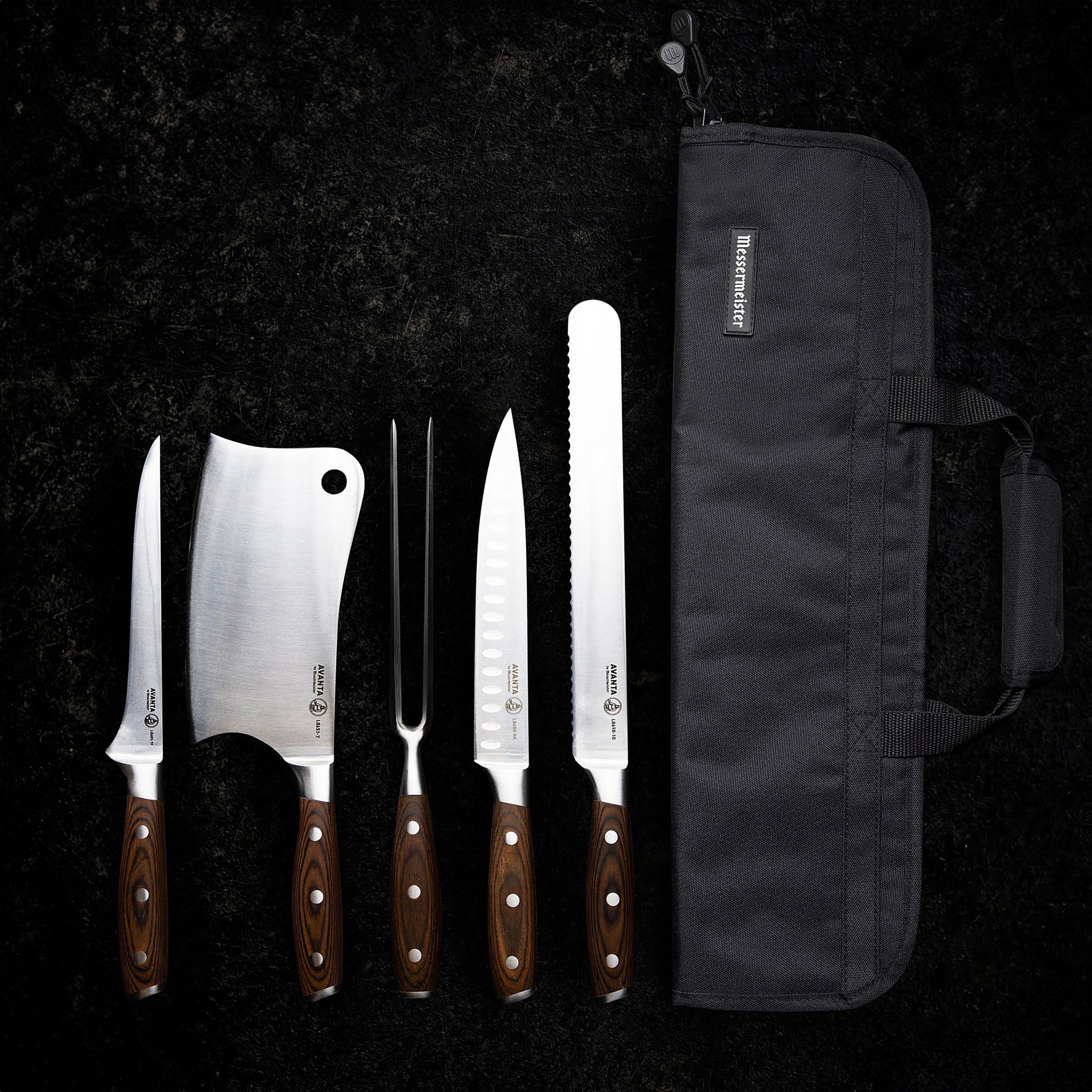 Premium forged BBQ knife set displayed on a wooden cutting board, highlighting the stainless steel blades and pakkawood handles.